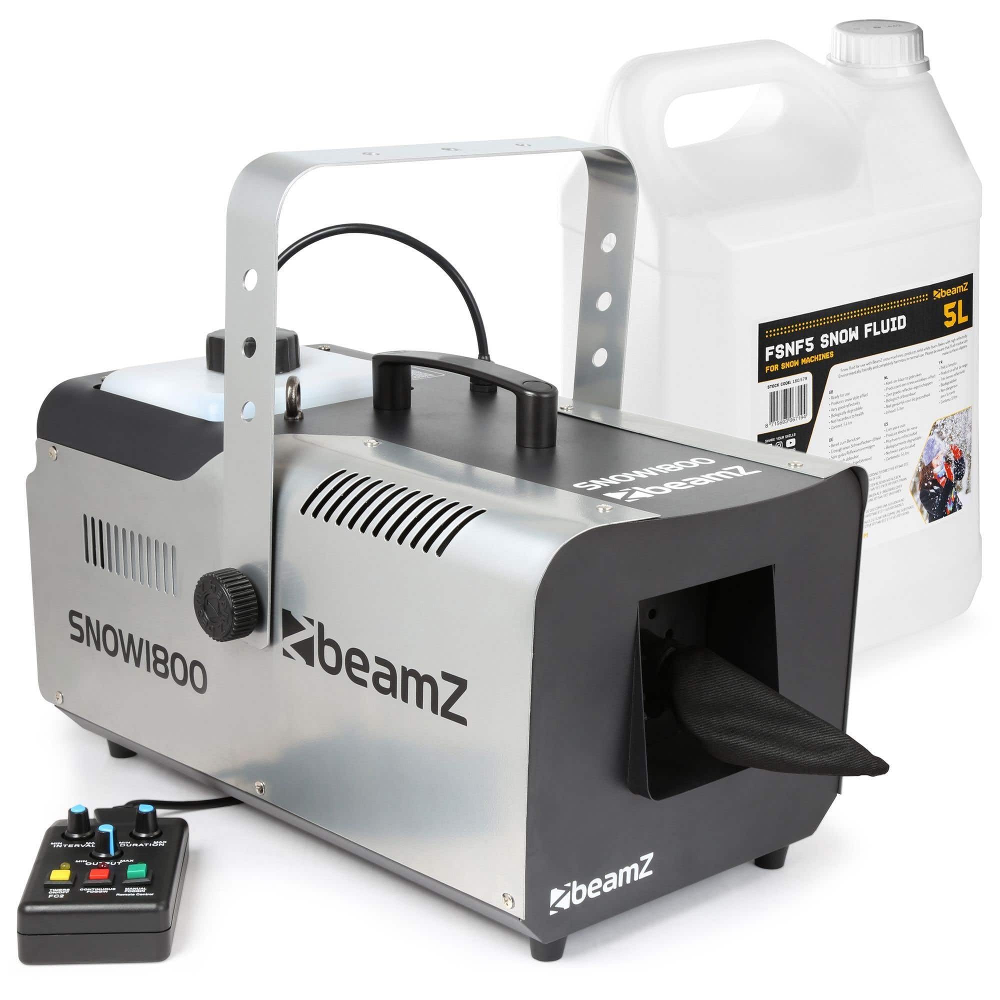 BeamZ SNOW1800 Schneemaschine mit 5 Liter Flüssigkeit, 1800 Watt Schnee Maschine mit Fernbedienung, inkl. Schneefluid, Snow Machine, DMX, Timer, Mini Schneekanone Garten, Snow Fall Winter Simulation
