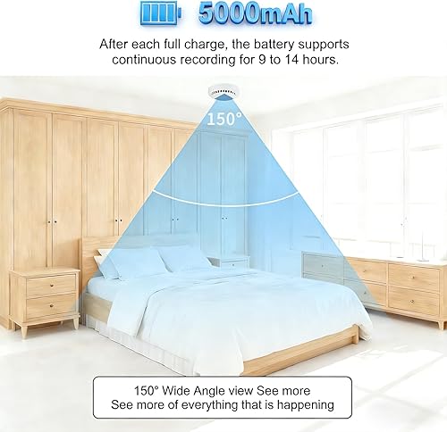 Miniatura 5 de Cámara espía manual con detector de humo, alarma de incendios de 5000 mAh, cámara oculta, cámara detector de humo Wi-Fi 2.4G con detección de