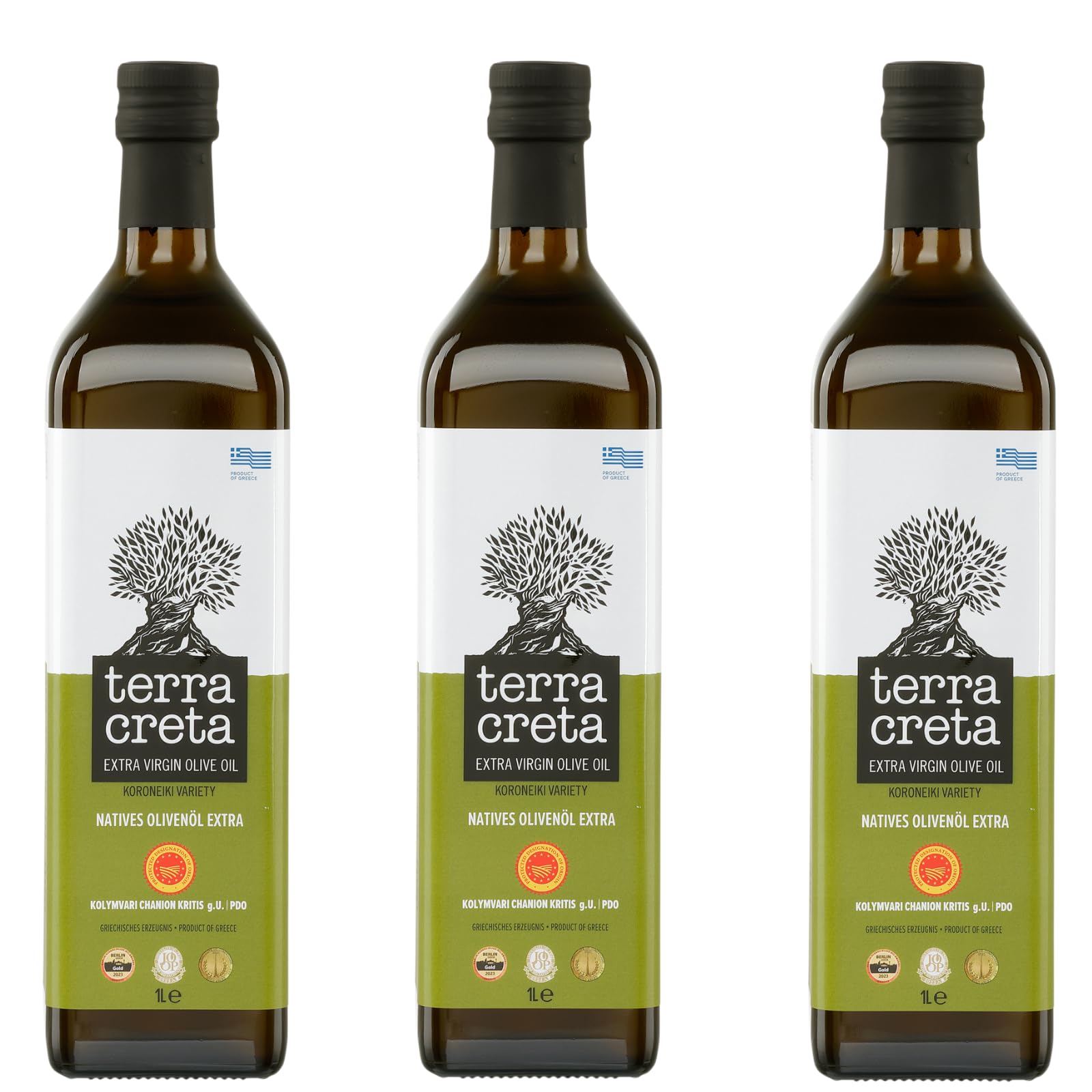 Terra Creta Olivenöl 3x 1,0l | P.D.O. Kolymvari | Extra natives Olivenöl von Kreta | Kaltgepresst | + 20ml Jassas Olivenöl