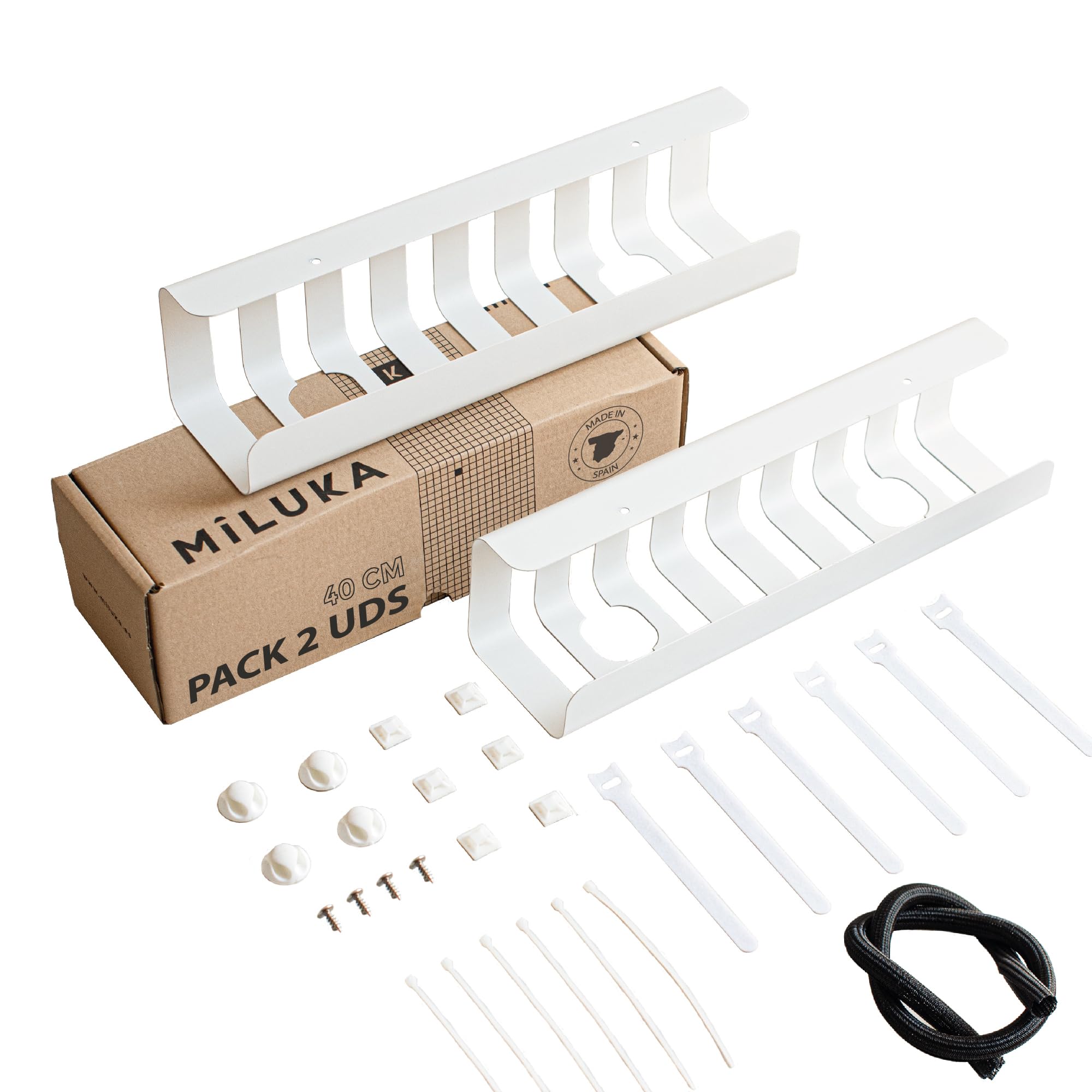 Pack of 2 Desk Cable Organiser - 40x10 cm Cable Trays - Matte White - Ideal for Office Gaming, or TV Desk