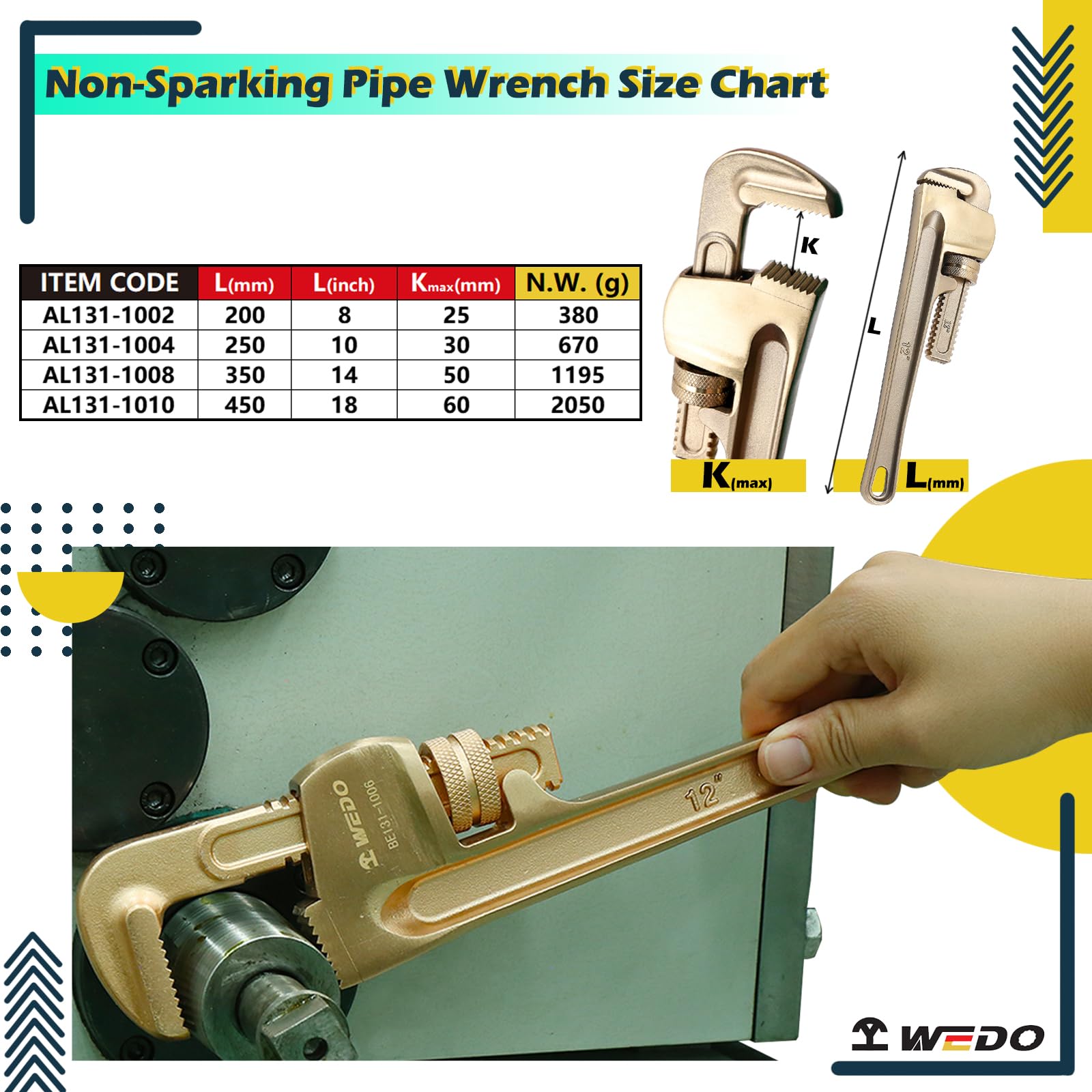 WEDO Zestaw kluczy do rur nieparkingowych, 20 cm, 25 cm, 35 cm, 4 szt. beziskrowych prostych kluczy hydraulicznych, klucz nastawny bez iskry, aluminiowy brąz, odporny na korozję, standard BAM/FM/DIN