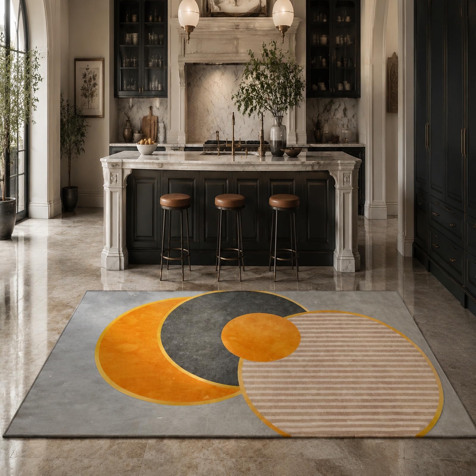 Tapis géométrique moderne orange 180x180 cm lavable pour cuisine et salon