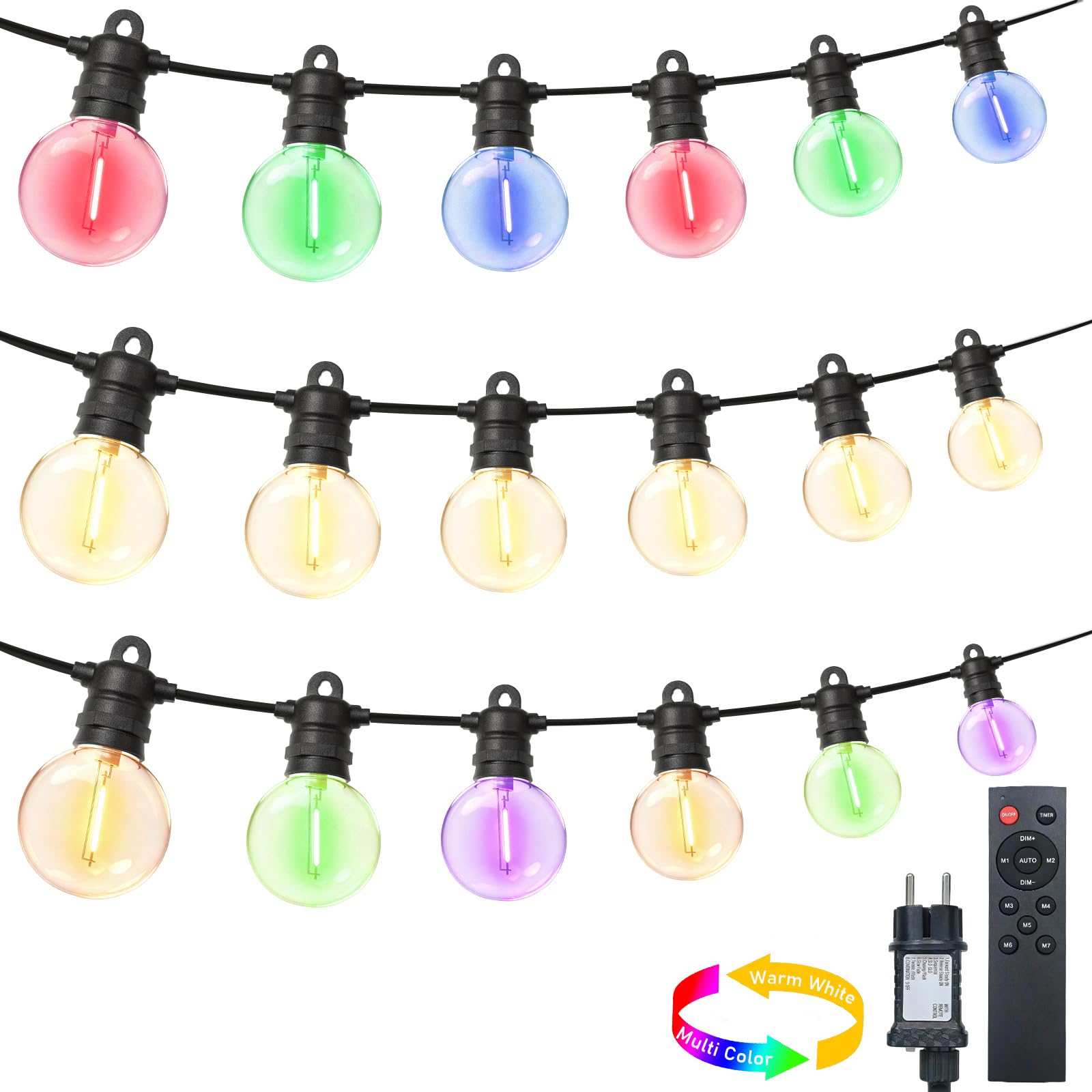 LED Lichterkette Außen, 10/15M 17/24 Warmweiß und Bunt G40/ST38 Glühbirnen Lichterkette, 8 Modi|4 Dimmbar|Timer|IP68, ABS Glühbirnen, für Balkon, Garten, Party, Bistro Deko