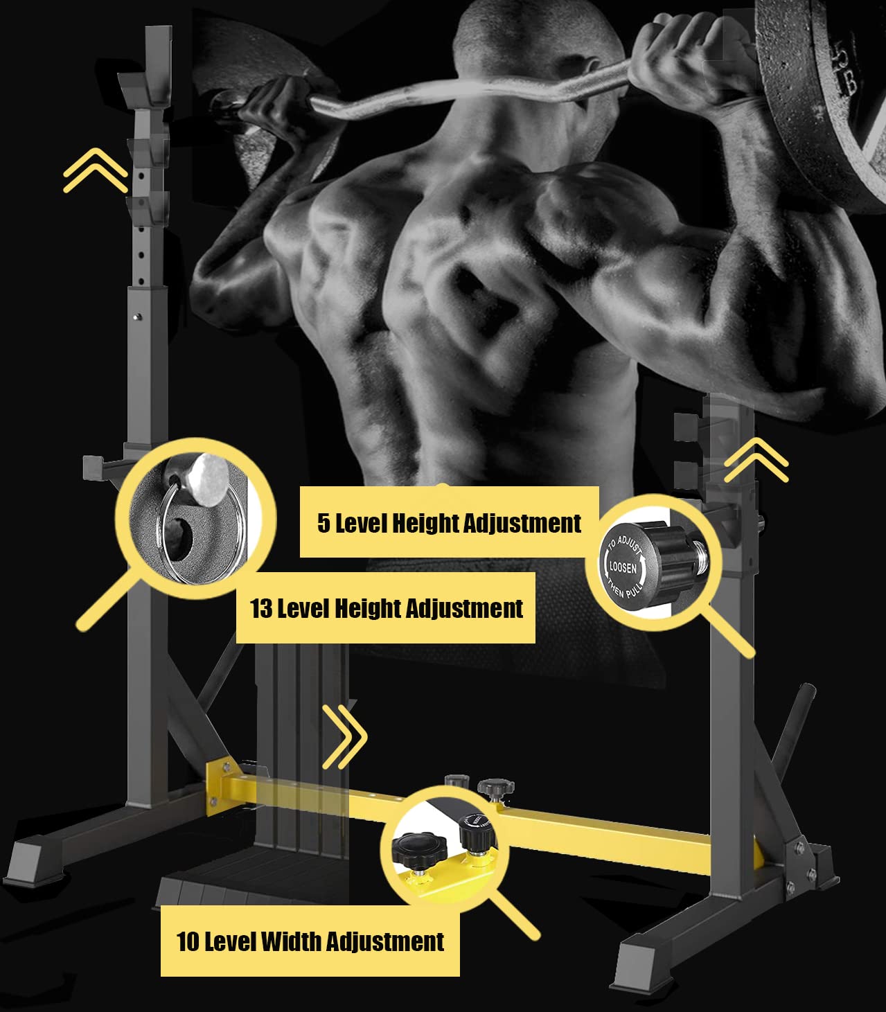 Soporte para Pesas, Rack Musculacion, Rejilla para Sentadillas Ajustable, Soporte Multifuncional, Sentadillas y Press Banca y Pull up Deportes, Estante Barra Pesas Hogar Gimnasio, Carga Máx 250KG