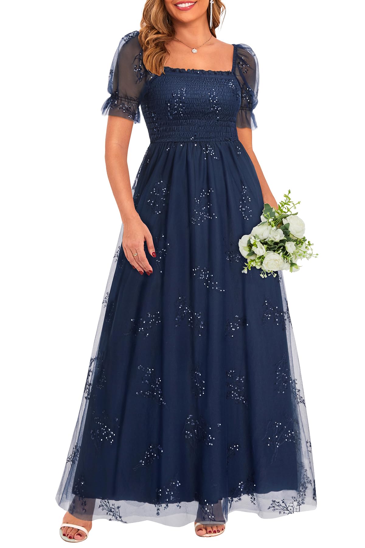Plus Size Formal Dresses - Bridesmaid Leaf Embroidery with Sequin Tulle Prom Long Dress