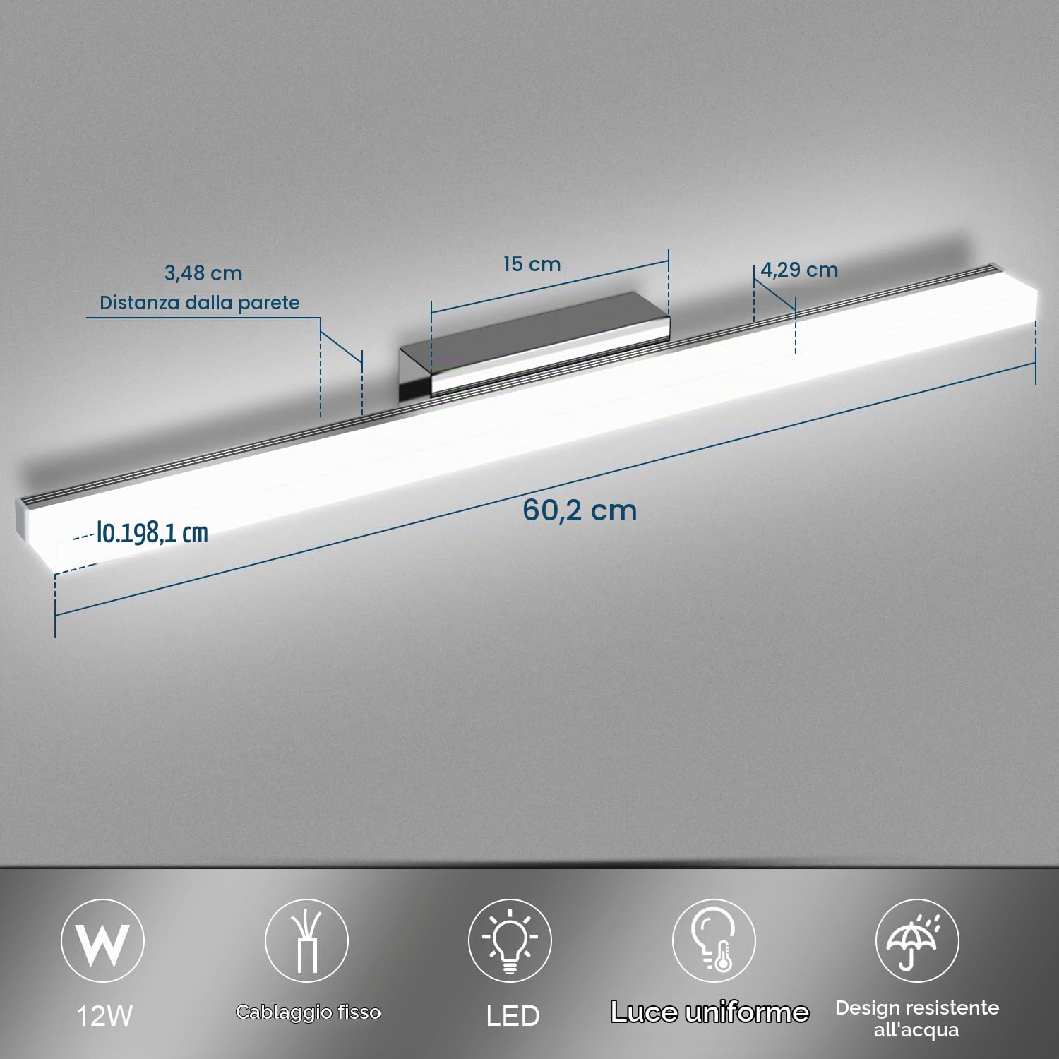 Kingwen Lampada da Specchio Bagno 12W 60cm LED Lampada da Specchio，Luce Specchio Bagno Bianco freddo 6000K， Luce per specchio da bagno Impermeabile IP44 | 1200 lm, bianco freddo, montaggio a specchio, mobile o parete, acciaio inossidabile, per trucco e ra