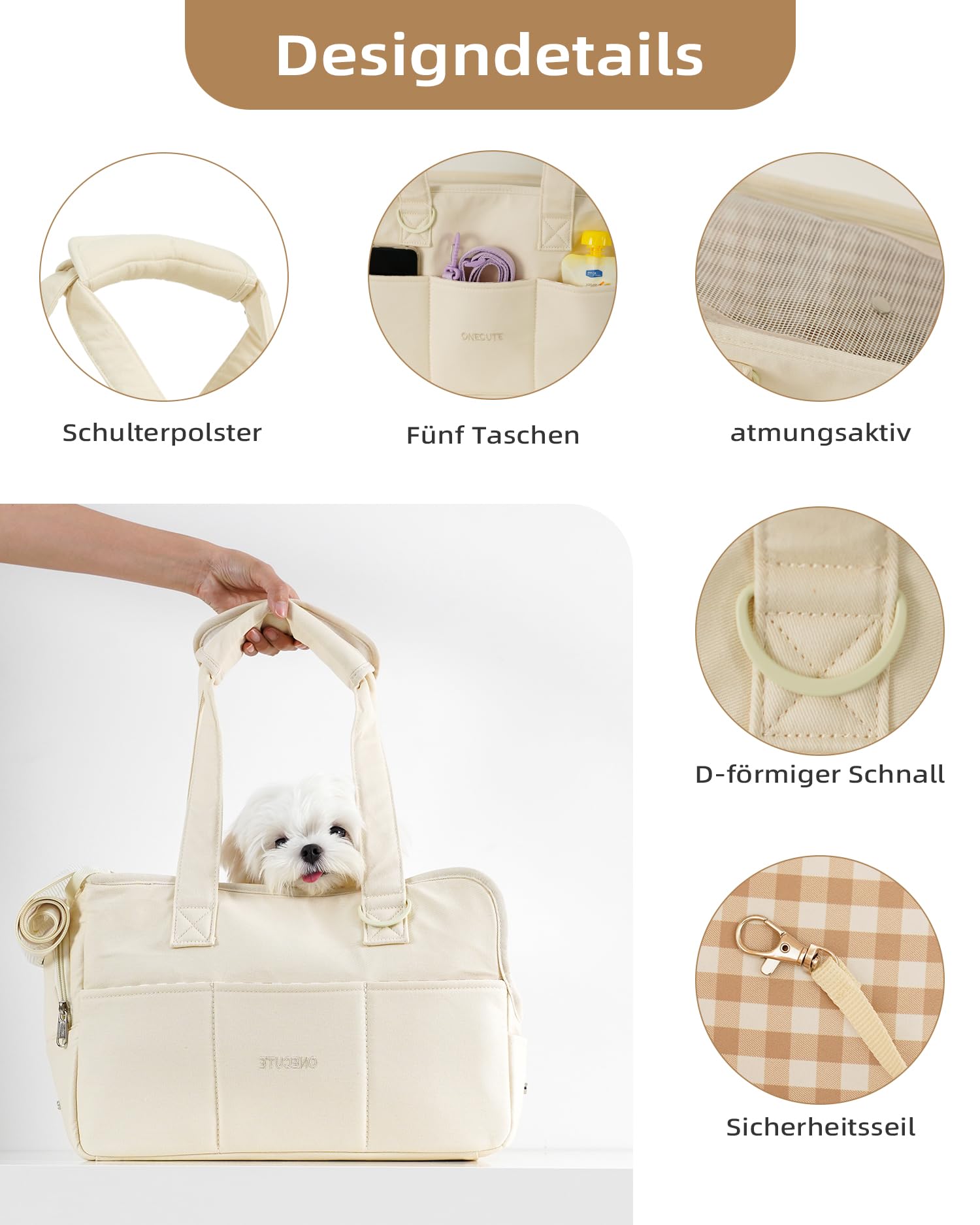 ONECUTE Small Dog Carrier Bag, 5 Pockets Pet Puppy Carrier Bag, Soft-Sided Dog Handbag - Image 4