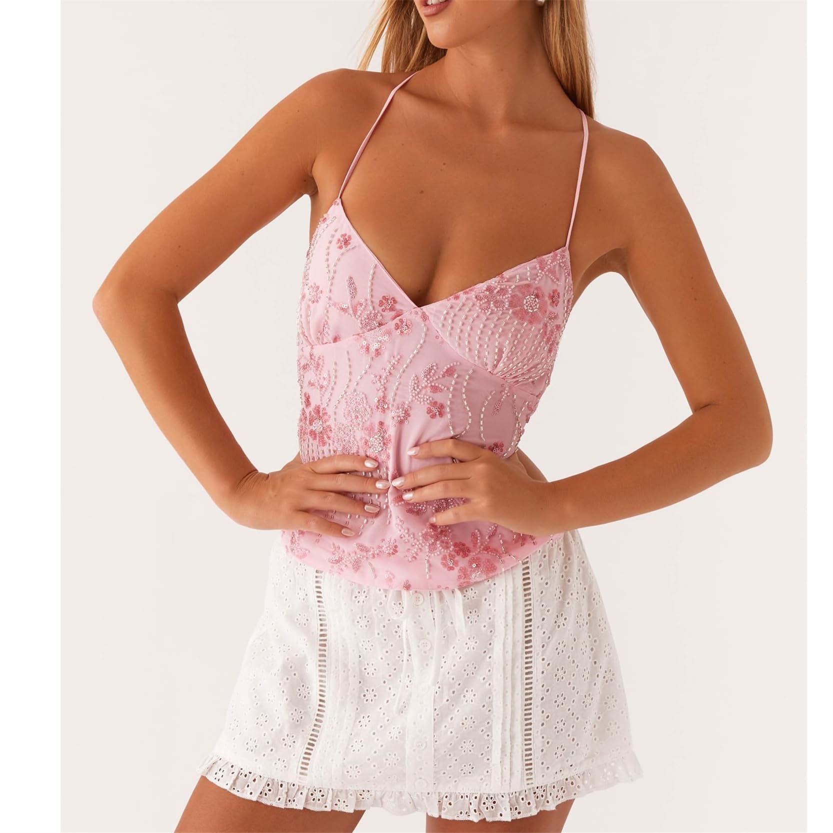 LYGBAOFUL Top Halter con Cuentas de Lentejuelas, Camisola de Fiesta sin Mangas Brillante Y2K con Cuello Vuelto de Corte bajo, Tops Adornados con Diamantes de imitación con Purpurina sin Espalda