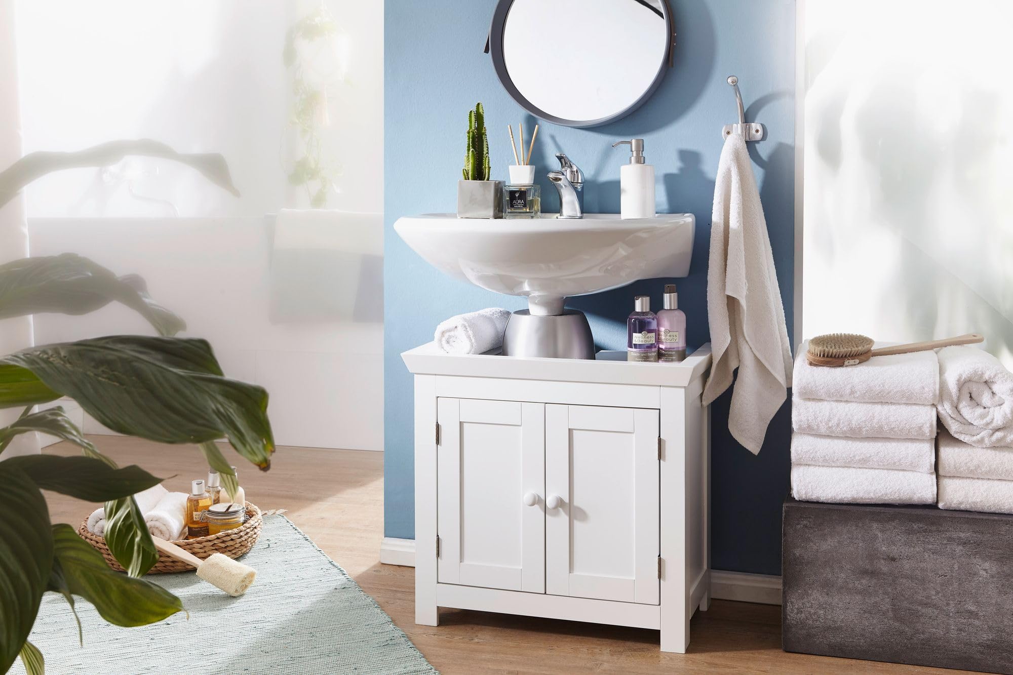 FineBuy Design Waschbeckenunterschrank, Badunterschrank mit 2 Türen Weiß, Badschrank Waschbecken Stehend, Bad Aufbewahrung, Waschtischunterschrank