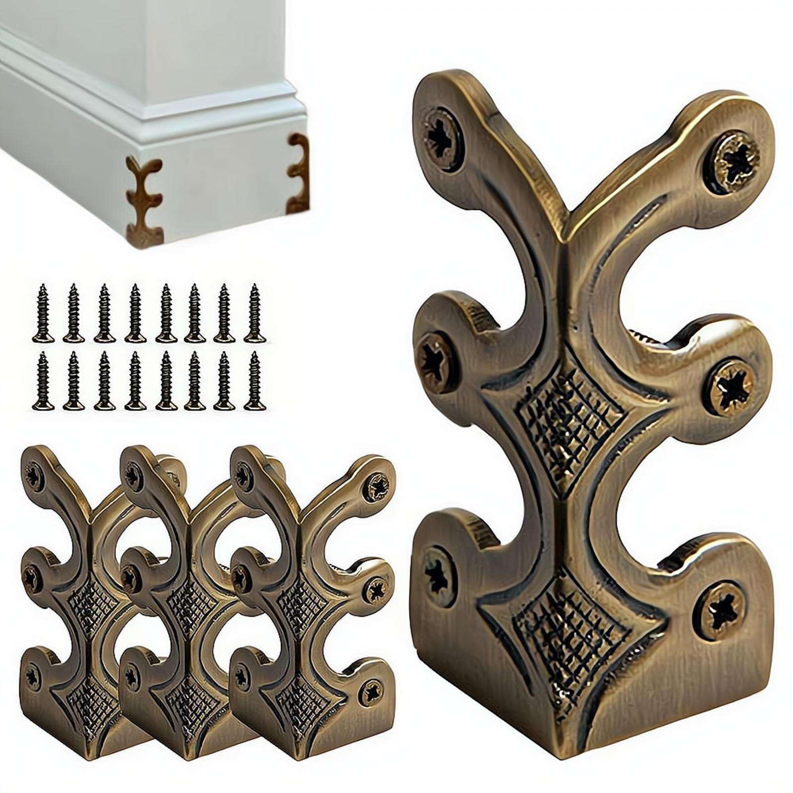4pcs Brass Baseboard Corner Protectors,Vintage Metal Corner Protector,Skirting Board Corners Protectors,TableCorner Edge Cover Safety Bracket,for Skirting Board, Table, Bookshelves & Wall Protection