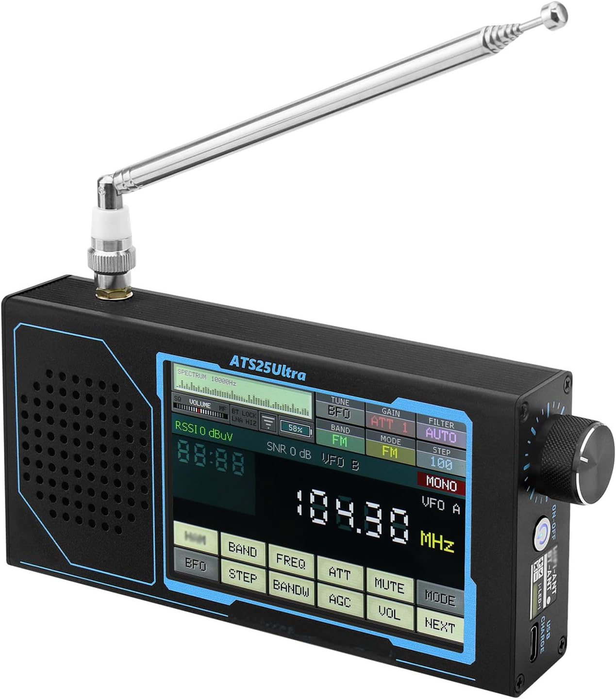 ATS25 Ultra Portable 4″ Touchscreen Audio Receiver with Multi-Mode Playback, USB & AUX Input, Visual Level Display
