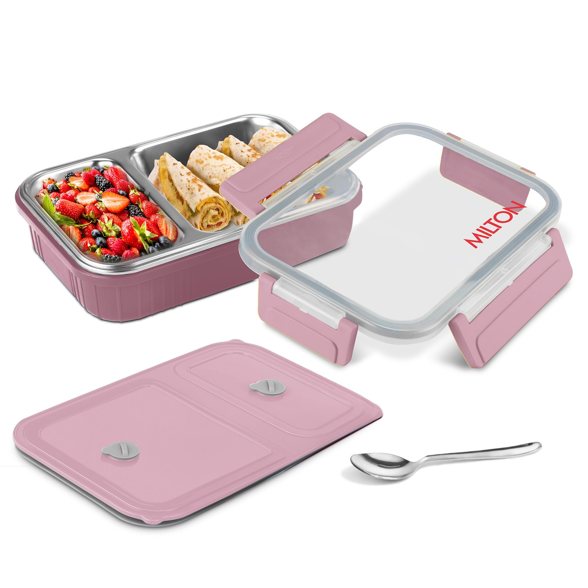 MILTON Meal Safe 2 Inner Stainless Steel Tiffin Box for School with Steam Release Plug | PU Insulated, Leak-Proof, Food Grade I Lunch Box for Kids Boys, Girls with Snap Lock Lid, 465 ml, Pink