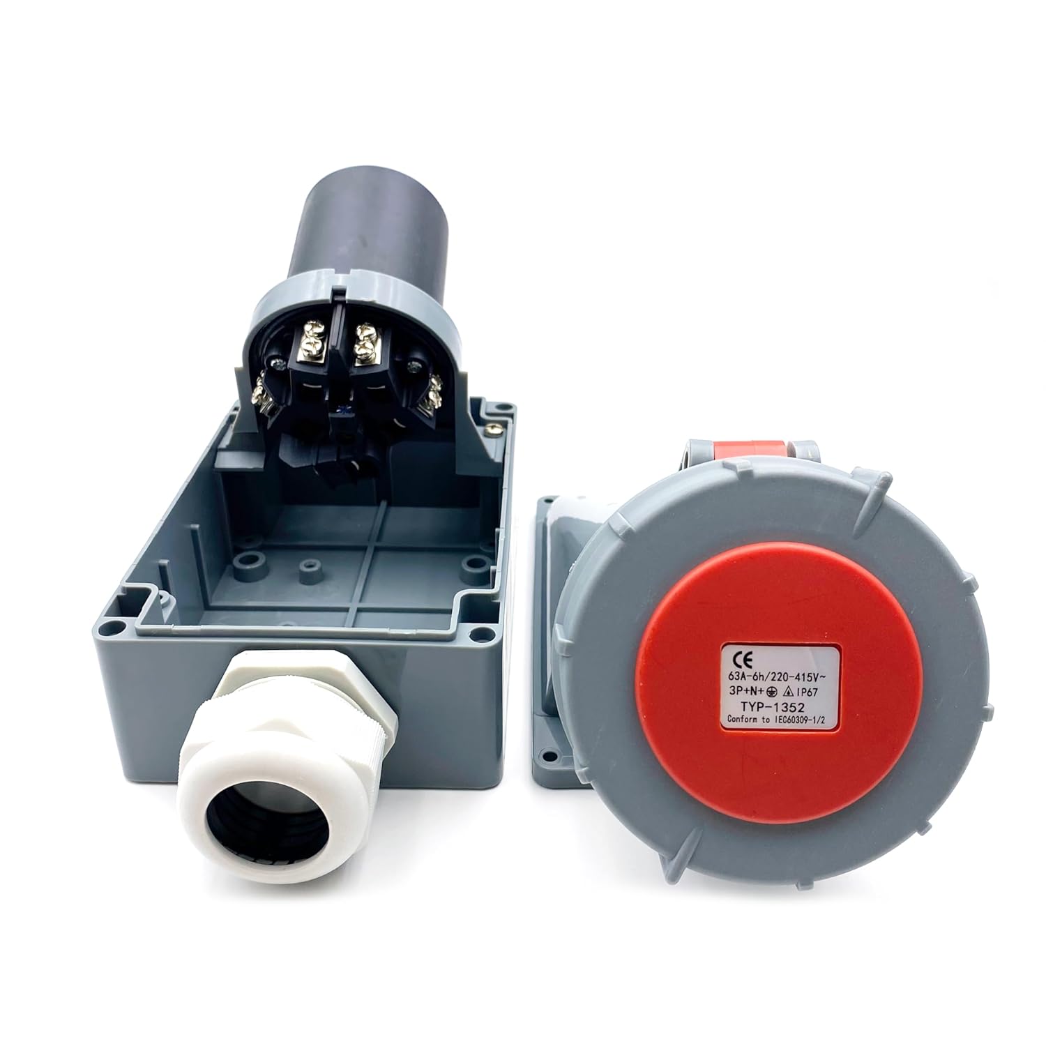 1 Set 63A 5Pin Industrial Connector Plug Socket, 5Pin 63A 380V-415V 3P+E+N 6H IP67 Waterproof Connector IEC60309 Power Connecting Industrial Surface Mounted Socket Kit for Industry and Aviation (63A)