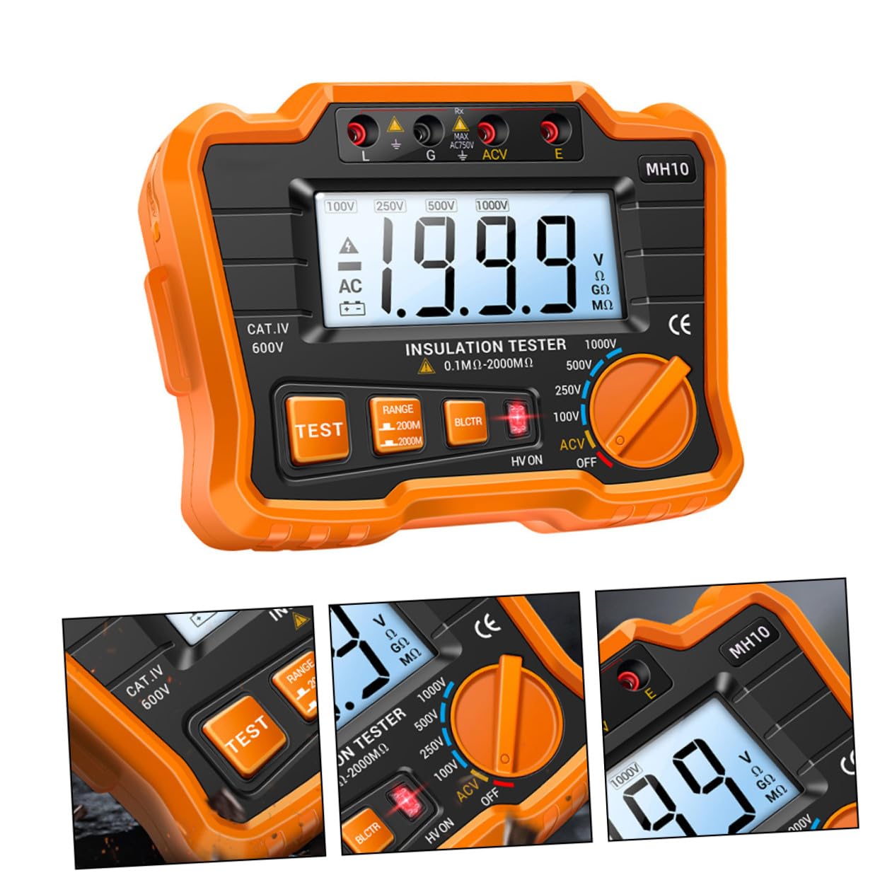 ABOOFAN Medidor Digital de Resistencia de Aislamiento Megóhmetro Pantalla Lcd, Comprobador Eléctrico Portátil Naranja, para Mantenimiento y Prueba de Equipos Industriales