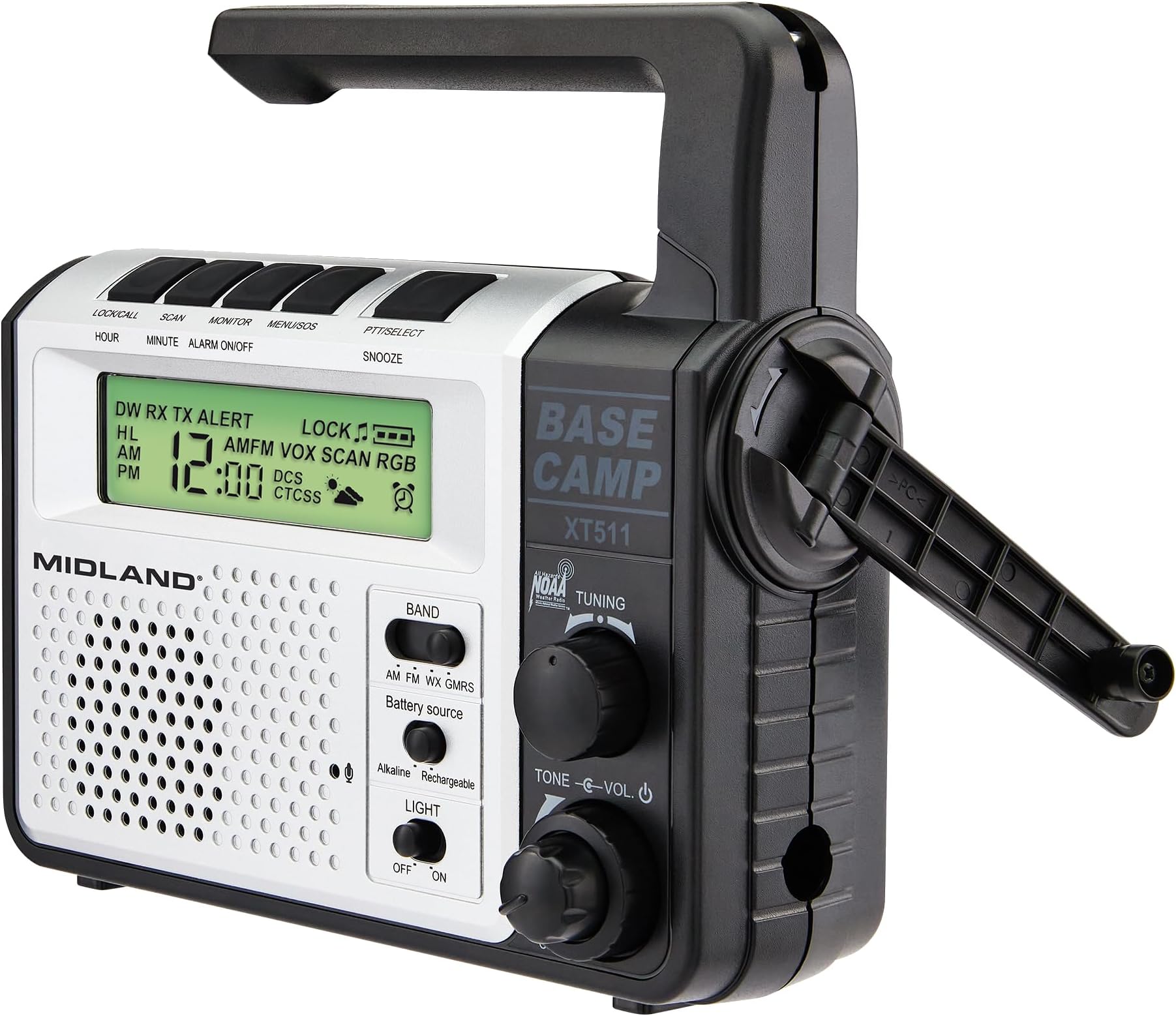 XT511 - Emergency Radio - 22 Channel Two-Way Base Camp Radio with 5 Power Options, 121 Privacy Codes, 3-LED Flashlight & NOAA Weather Scan + Alert - Gray/Black