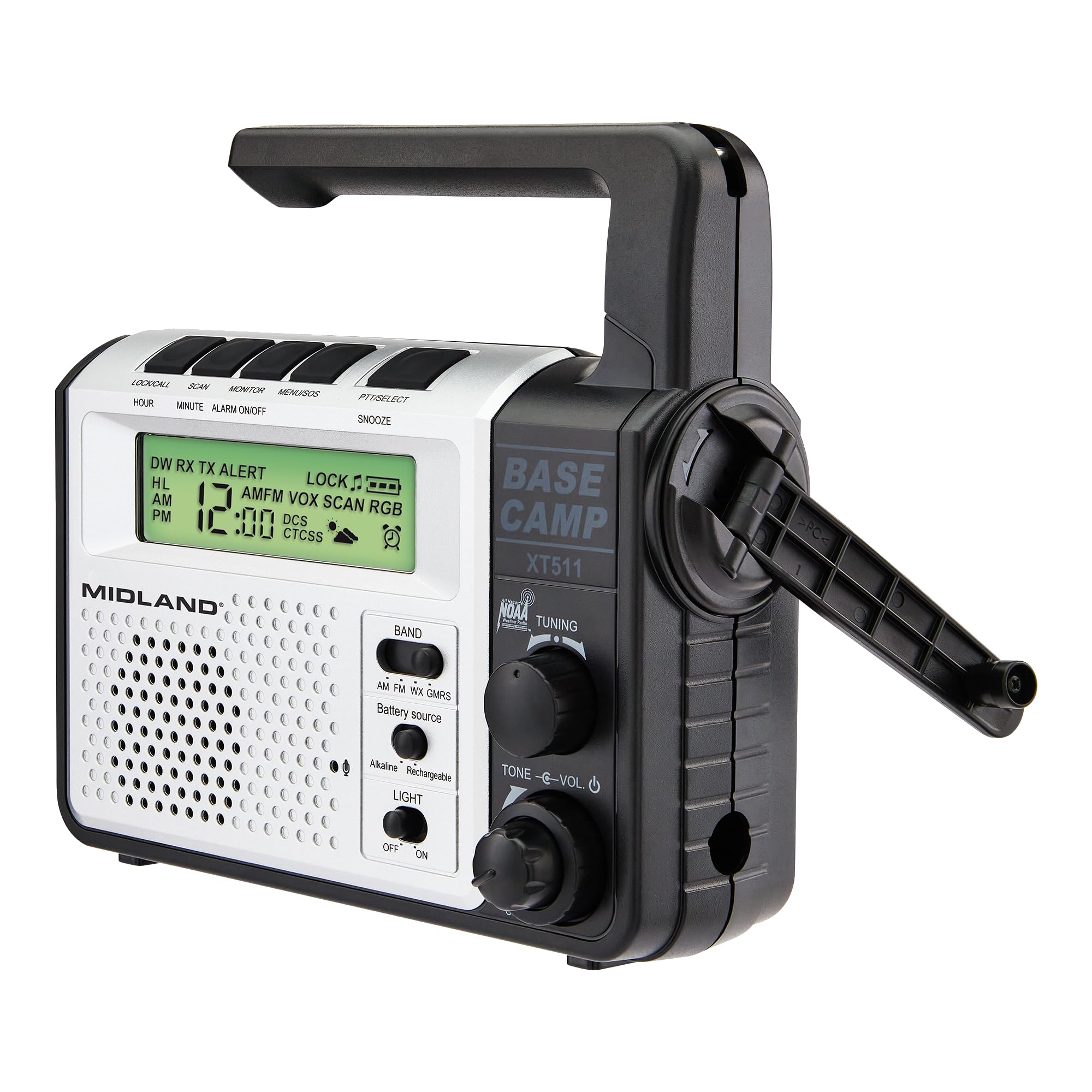 Midland® - XT511 - Emergency Radio - 22 Channel Two-Way Base Camp Radio with 5 Power Options, 121 Privacy Codes, 3-LED Flashlight & NOAA Weather Scan + Alert - Gray/Black