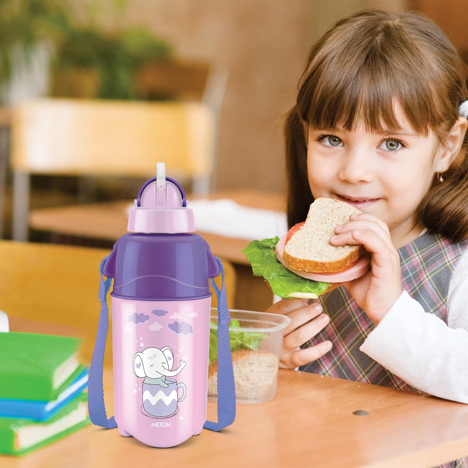 MILTON Kool Trendy 400 Plastic Insulated Water Bottle with Straw for Kids, 370 ml, Purple | School Bottle | Picnic Bottle | Sipper Bottle | Leak Proof | BPA Free | Food Grade | Easy to Carry