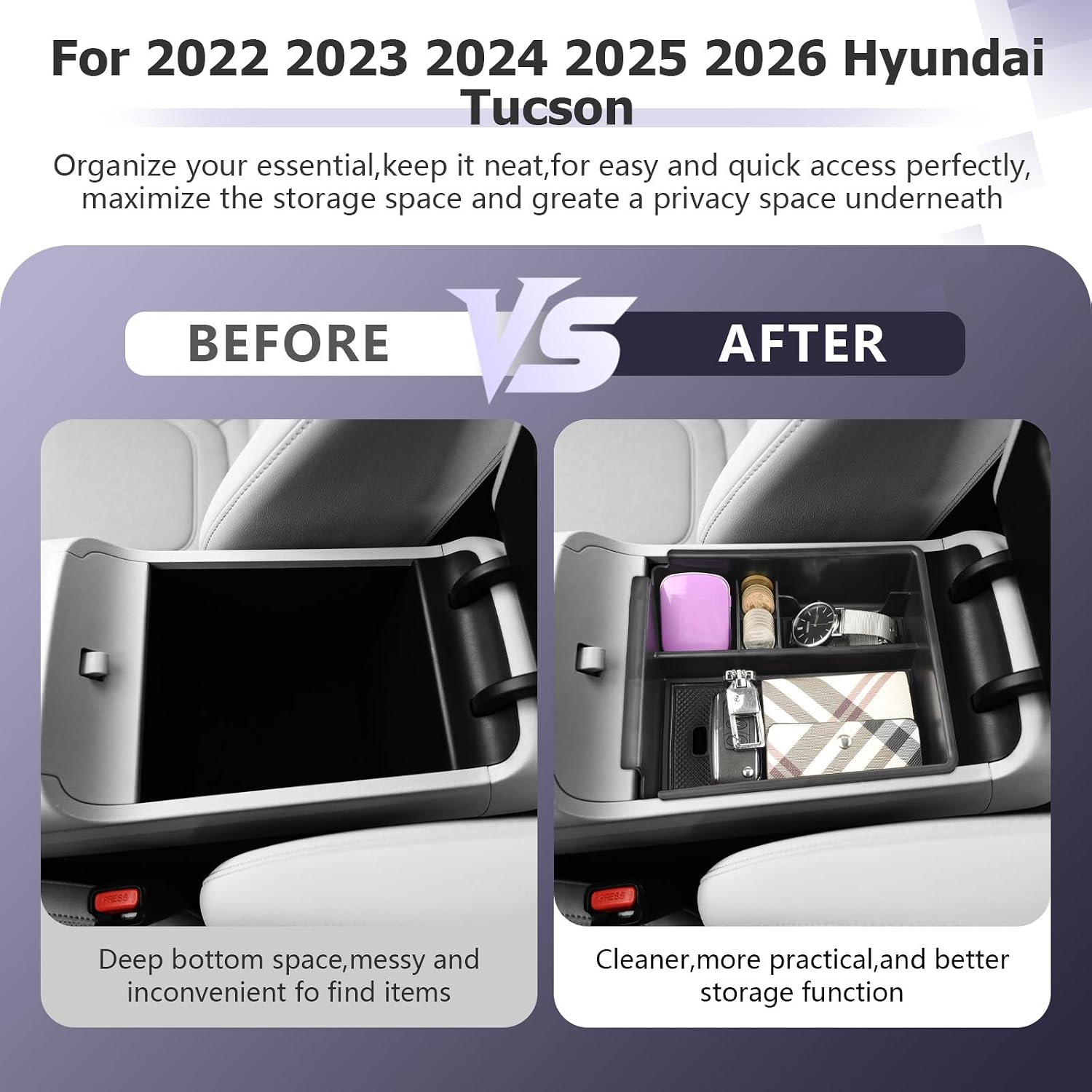 LUWU 2025 2026 Tucson Accessories for 2022-2025 2026 Hyundai Tucson Center Console Organizer Armrest Storage Box Armrest Console Organizer Insert Tray Black-trim(NOT FOR 2025 PHEV &Limited Model)