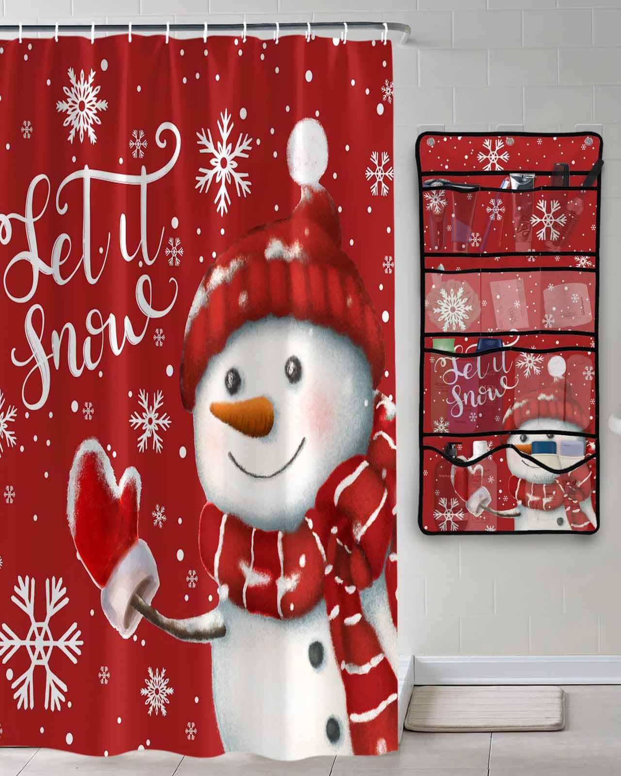 Shower Curtain Mesh Shower Organizer Hanging Set Christmas Snowman Winter Showflake Red Waterproof Shower Curtains with 10 Pockets