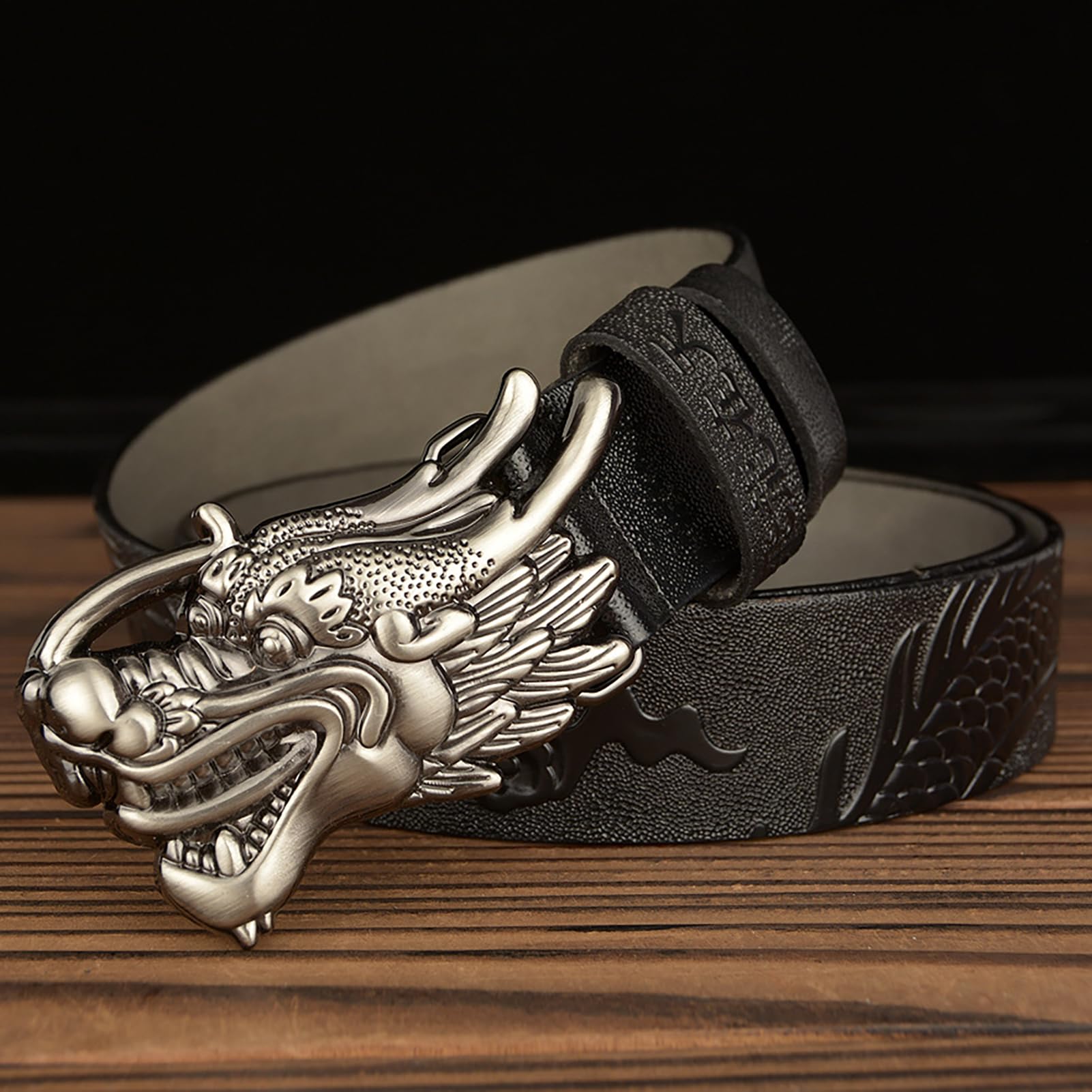 Cintura Da Cowboy Western Unisex, Country In Vera Pelle 3,5 Cm Con Fibbia Vintage A Forma Di Testa Drago For Jeans