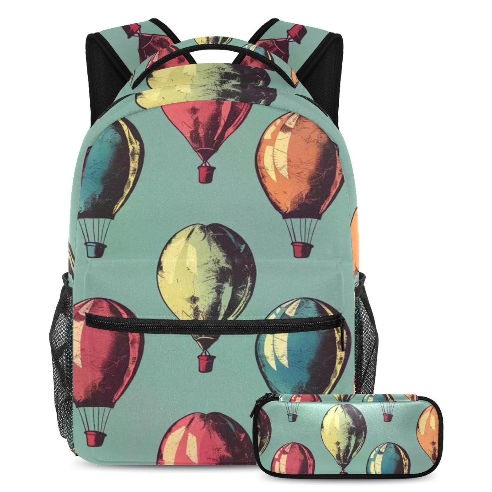 Schulranzen-Set mit bunten Luftballons im Retro-Stil, Rucksack mit Federmäppchen, ideal für Studenten, Jungen und Mädchen, Bunte Retro-Luftballons, Größe L