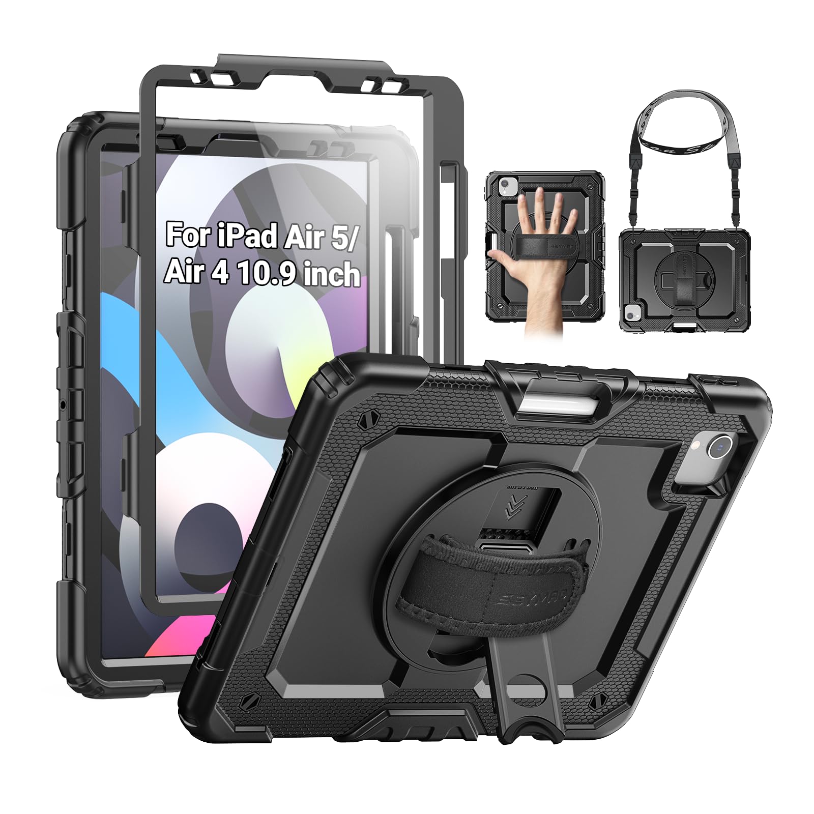 SEYMAC Case for iPad Air 5th/ 4th Generation 10.9 Inch, Full-Body Shockproof Protective Case with Screen Protector, Rotating Stand/Handle/Shoulder Strap/Pencil Holder for iPad Air 5/ Air 4, Black