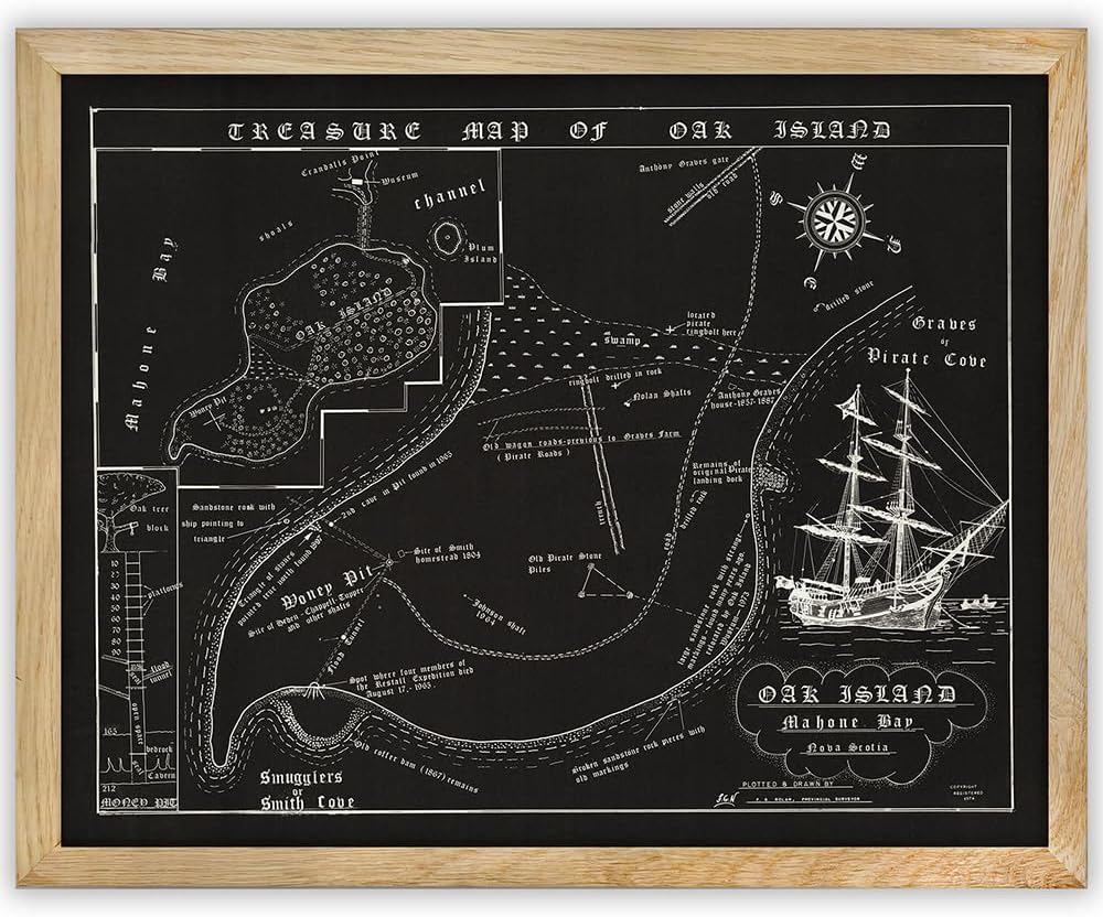 1974 Fred Nolan Map Of Oak Island Treasure, Nova Scotia, Canada - Framed 11x14 Art Print – Great Historic and Antique Map Interior Design Piece Decor and Gift for the Oak Island Mystery Fans