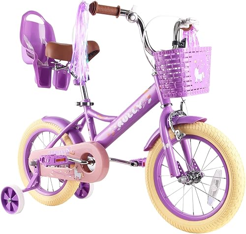 RULLY Bicicleta para niños de 12, 14, 16 pulgadas, para niñas de 2 a 7 años con ruedas de entrenamiento y freno de mano delantero, bicicleta para