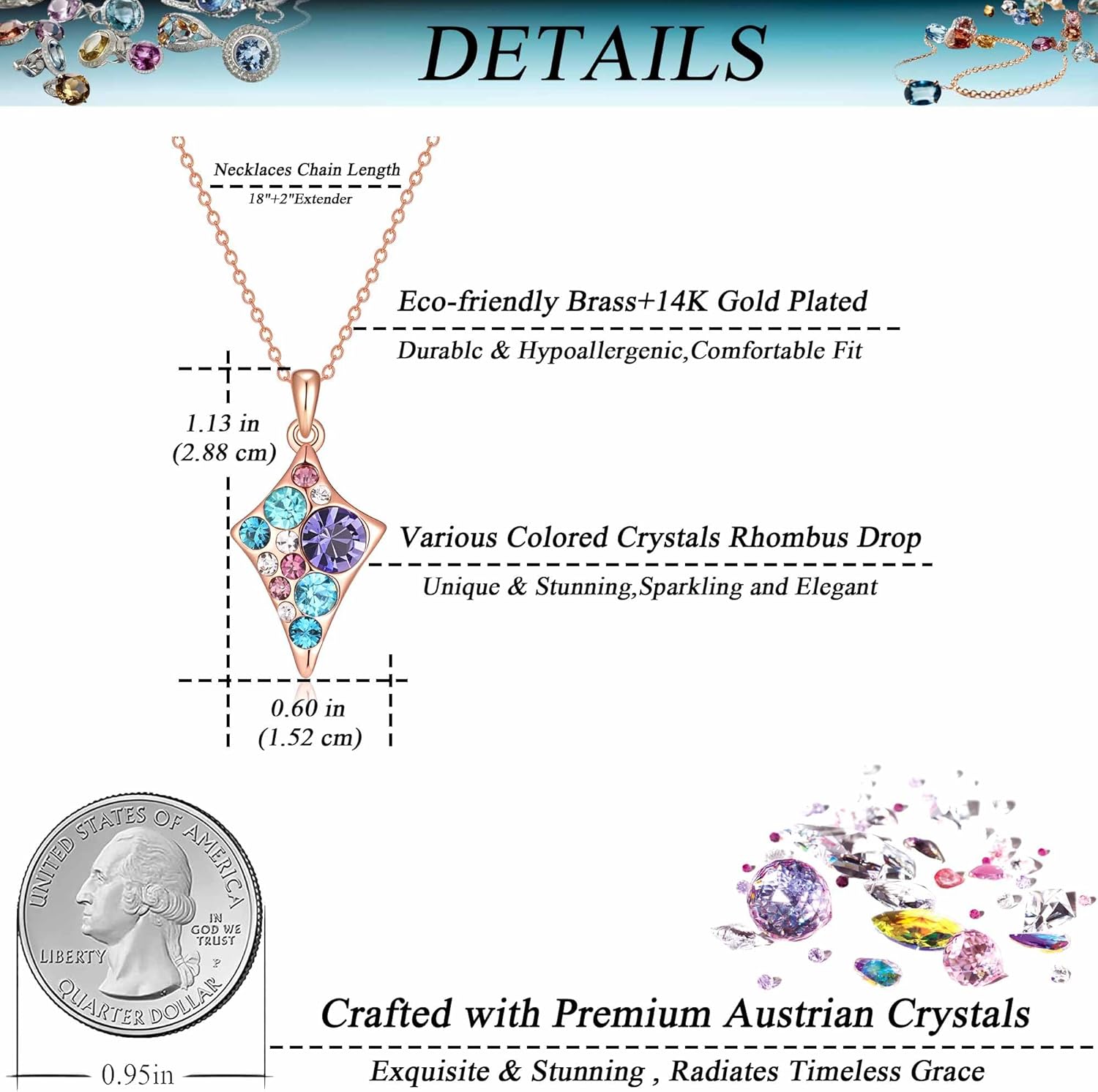EVEVIC Dainty Multicolored Austrian Crystals Rhombus Pendant Necklaces for Women Fashion 14K Gold Plated Hypoallergenic Jewelry - Image 4