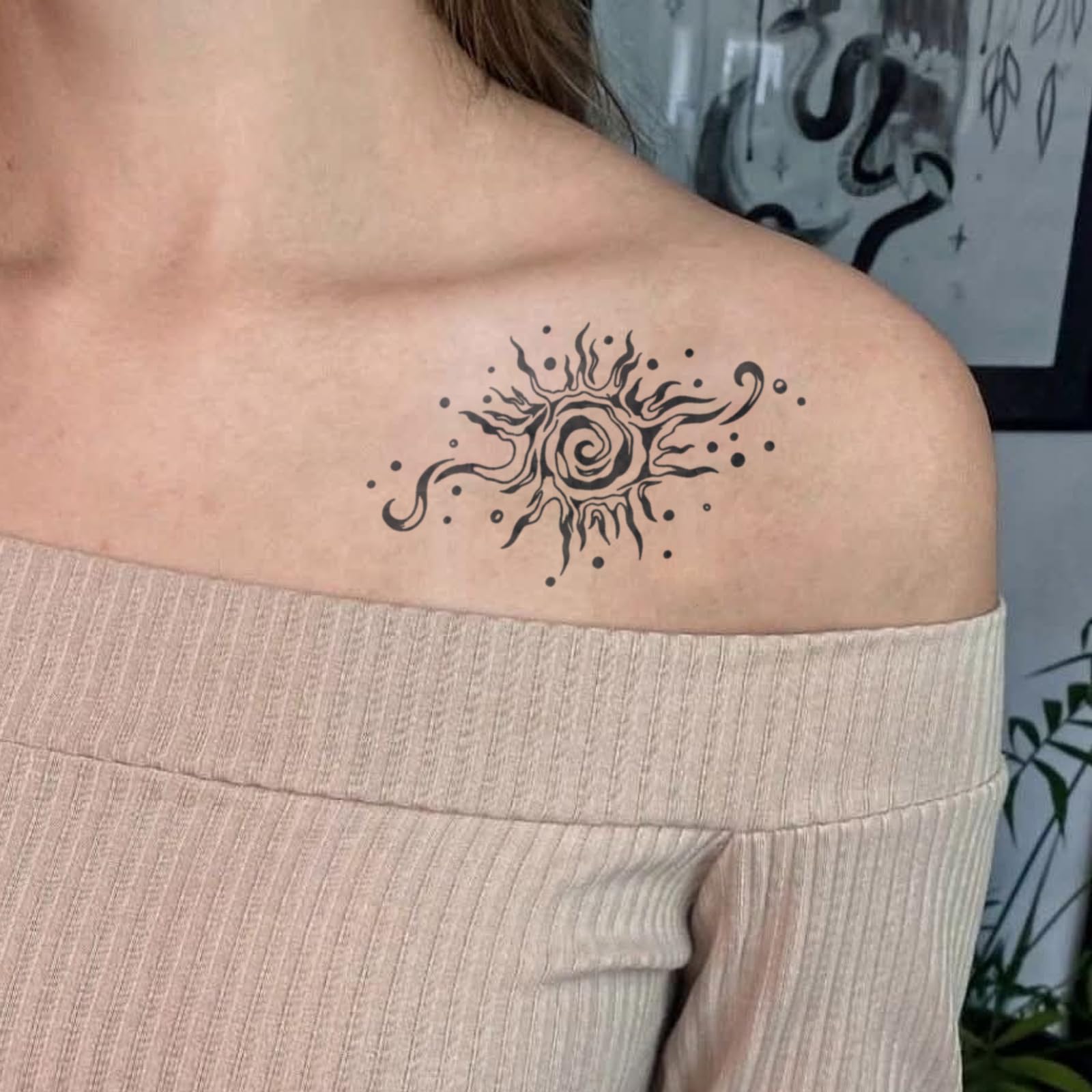 Tattoo Tech, 2 Sheets Large Semi Permanent Tattoo, Lasts 7-15 Days Temporary Tattoos(Flowers with Branches), Waterproof and Non-Reflective, for Arm Thigh Back: Sun Moon & Sacred Heart