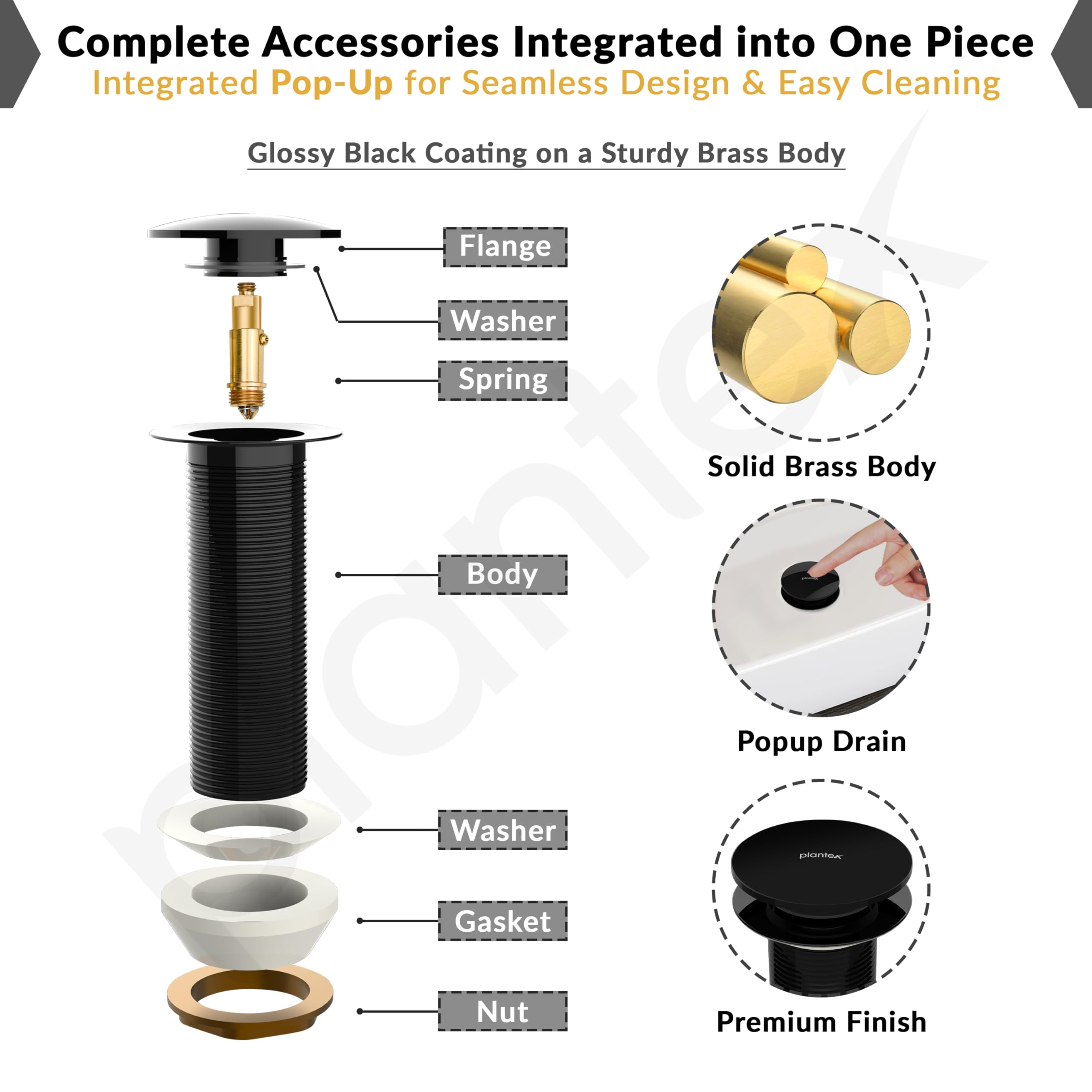 Plantex Pure Brass Waste Coupling for Wash Basin/5 inch Drain Out let System Full Thread Pop up Waste Coupling for Wash Basin (Glossy Black - Pack of 1) 3