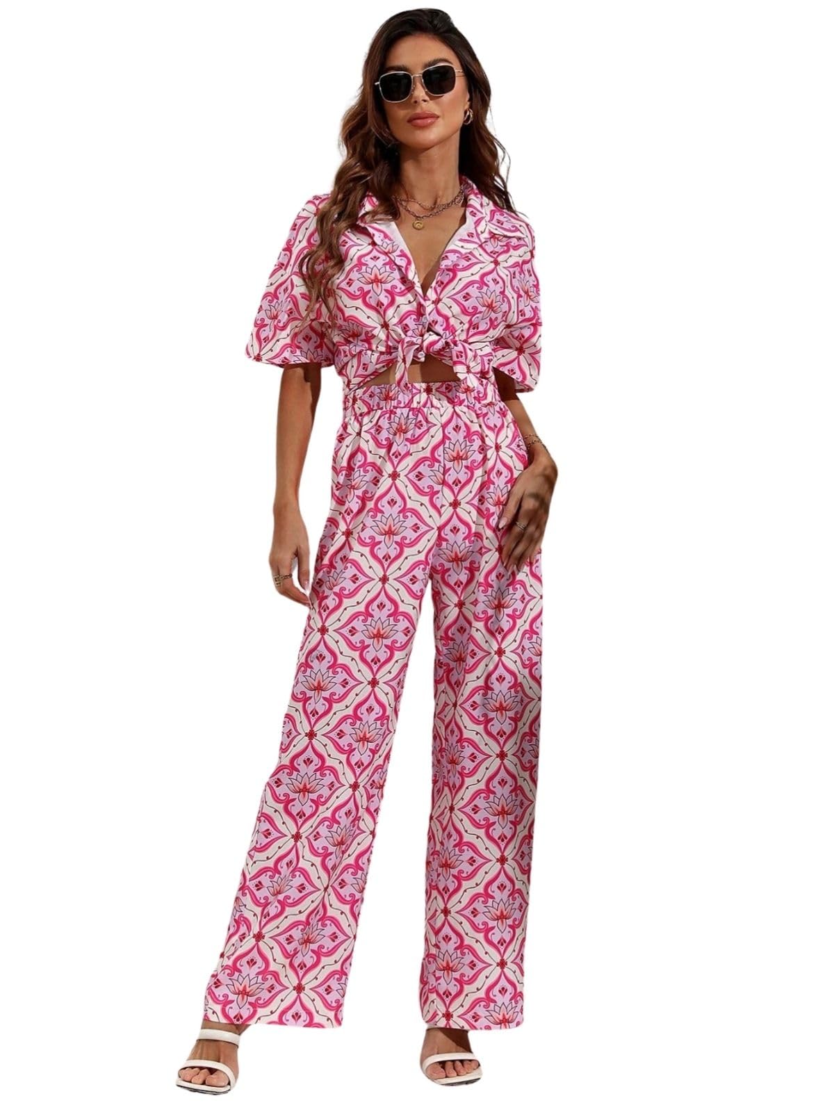 Greciilooks Women Co Ord Set| Knot Front Shirt & Wide Leg Pants| Allover Print Shirt & Bottom| Long Sleeve Shirt| Straight Printed Pant| Women Two-Piece Outfits| Summer Wear (Xs, Pink)