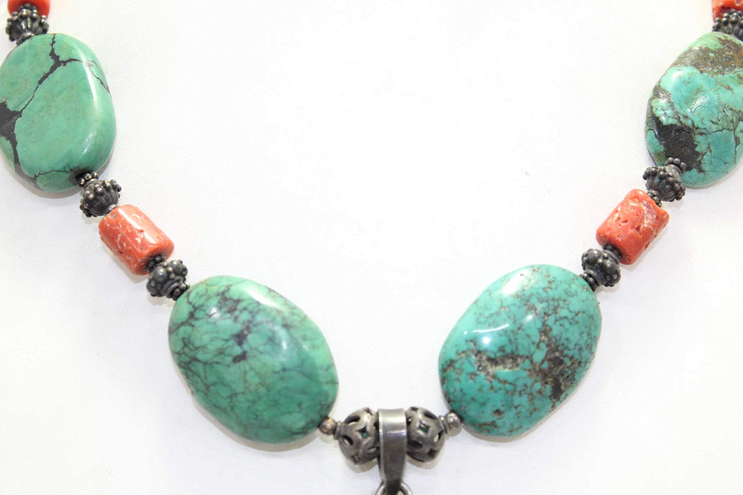 Rajasthan Gems - Collana tibetana fatta a mano, in argento Sterling, giada naturale, turchese e pietra corallo B