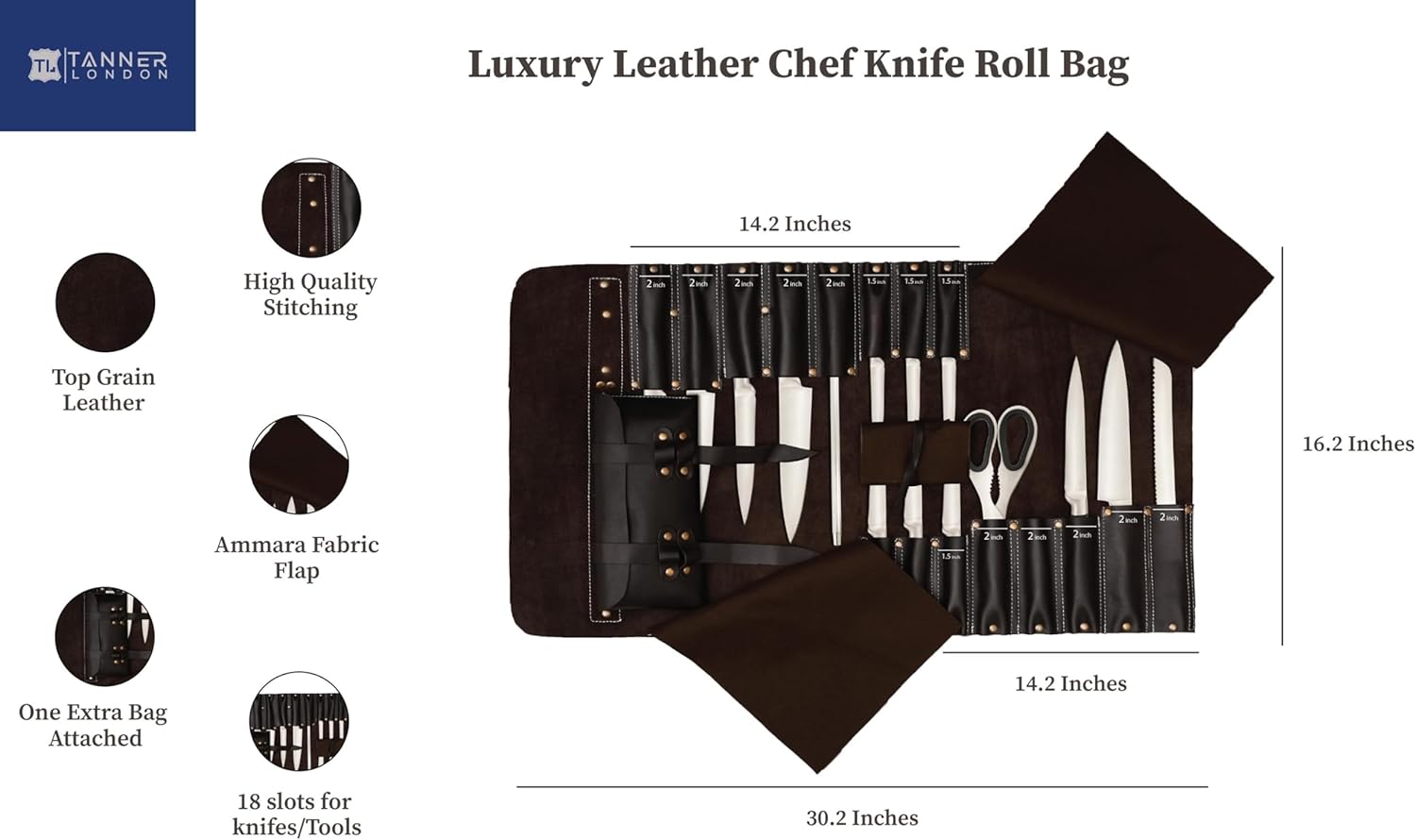 Premium Leather Chef Knife Roll Bag – 18 Slot Knife & Tool Holder | Travel-Friendly Cutlery Organizer for Professional Chefs & Culinary Experts