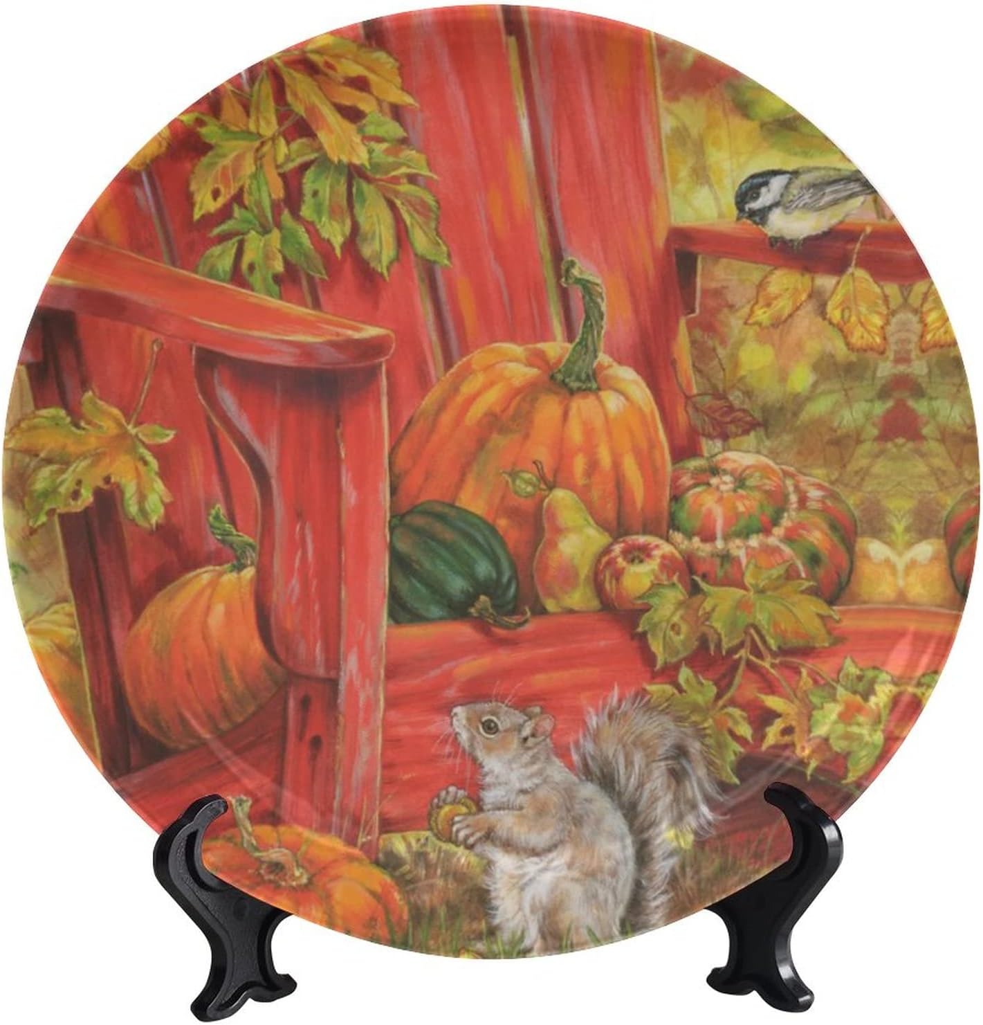 Autumn Harvest Theme Ceramic Decorative Plates, 8", Pumpkin and Squirrel Round Decorative Plate, with Round Decorative Plate Stand, for Dining Table Tabletop Party Kitchen Home Decor Gift
