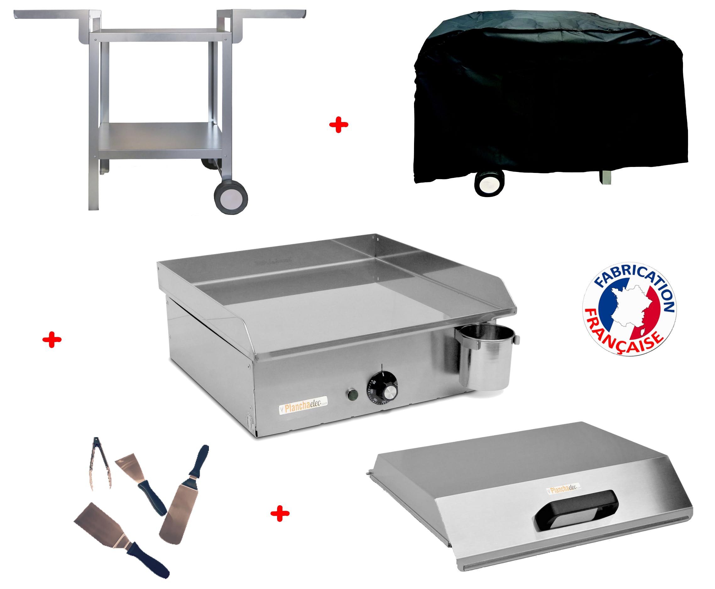 PLANCHAELEC - Pack Complet Plancha Electrique NEO E420-1800W - Chariot + Accessoires - Inox - Thermostat Réglable - 5 Personnes - Made In France - L42 X P43 X H18 cm
