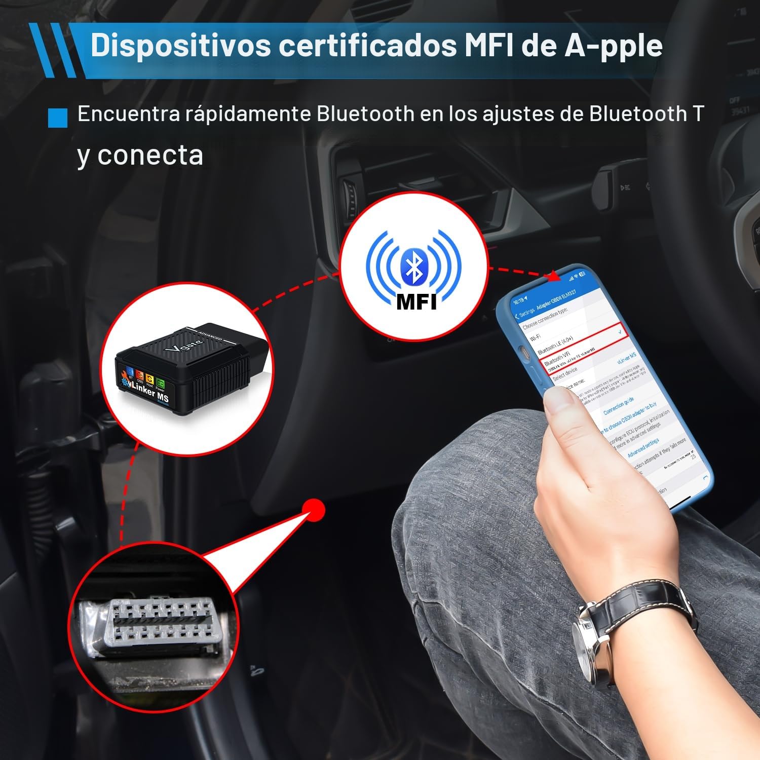 Vgate vLinker MS Bluetooth MFI Herramienta de diagnóstico OBD2 Lector de códigos de avería Adaptador de Coche Compatible con OBDII Check Engine Light para iOS, Android y Windows.