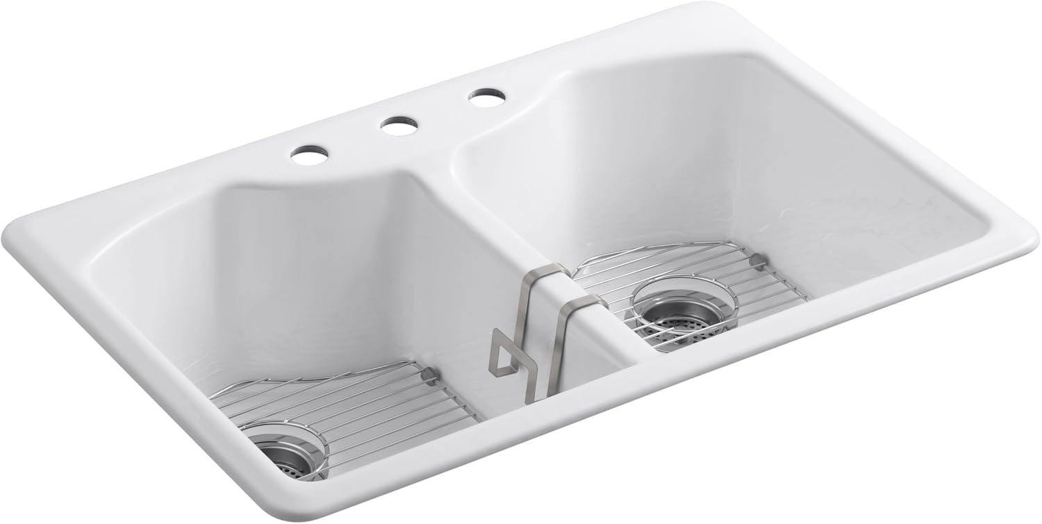 KOHLER K-6482-3A4-47 Bellegrove Double Bowl Top-Mount Kitchen Sink with Three Hole Drillings, Almond