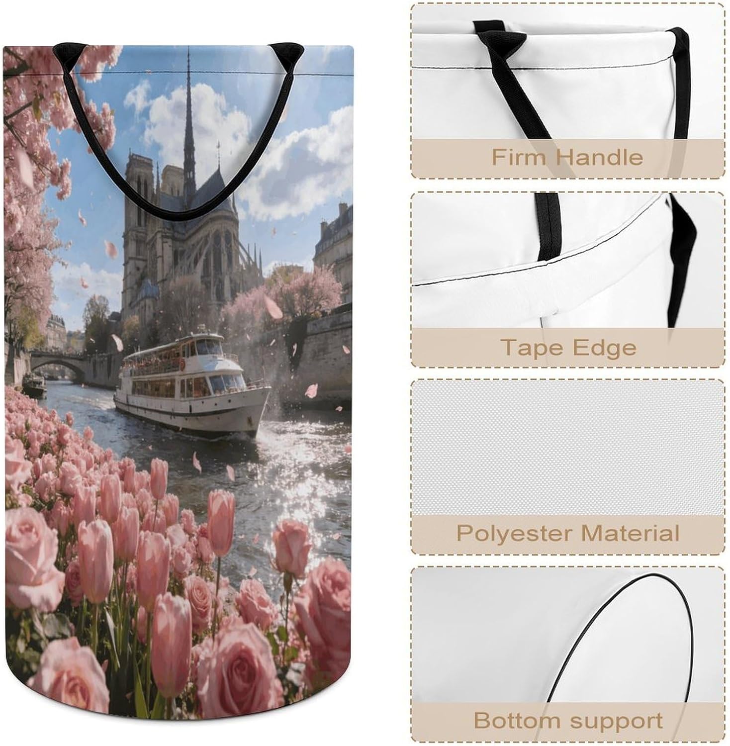 Pink Parisian Bloom Laundry Hamper Portable Lightweight Clothes Hampers Fashion Dirty Laundry Storage Basket Large Capacity Foldable Clothes Baskets for Bathroom Bedroom