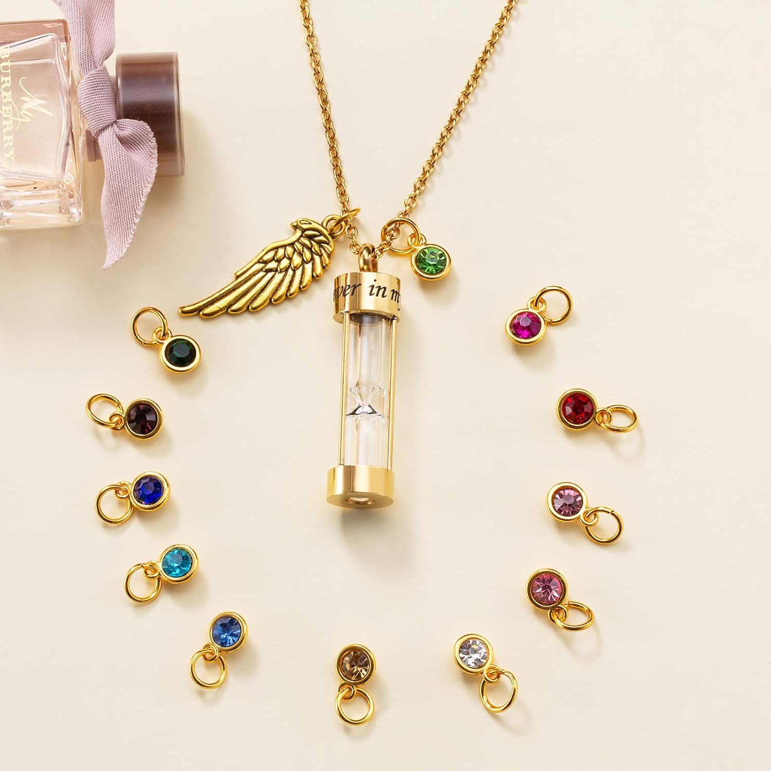 PREKIAR Cremation Urn Necklace for Ashes Timeless Hourglass Memorial Pendant Keepsake Jewelry for Human Pet Ashes with 12 Birthstone Angel Wing - Image 5