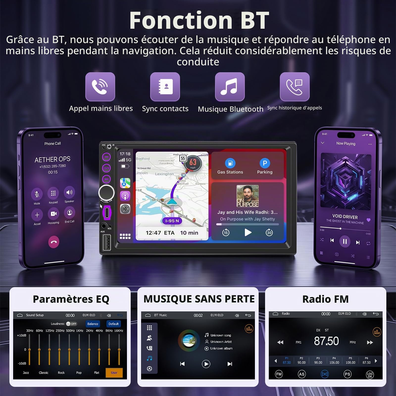 Autoradio 2 DIN avec CarPlay sans Fil et Android Auto - 7 Pouces Écran Tactile IPS, Poste Radio Voiture Bluetooth avec Caméra de Recul, Mirror Link, Type-C, USB, FM, Control Volant, Navigation GPS