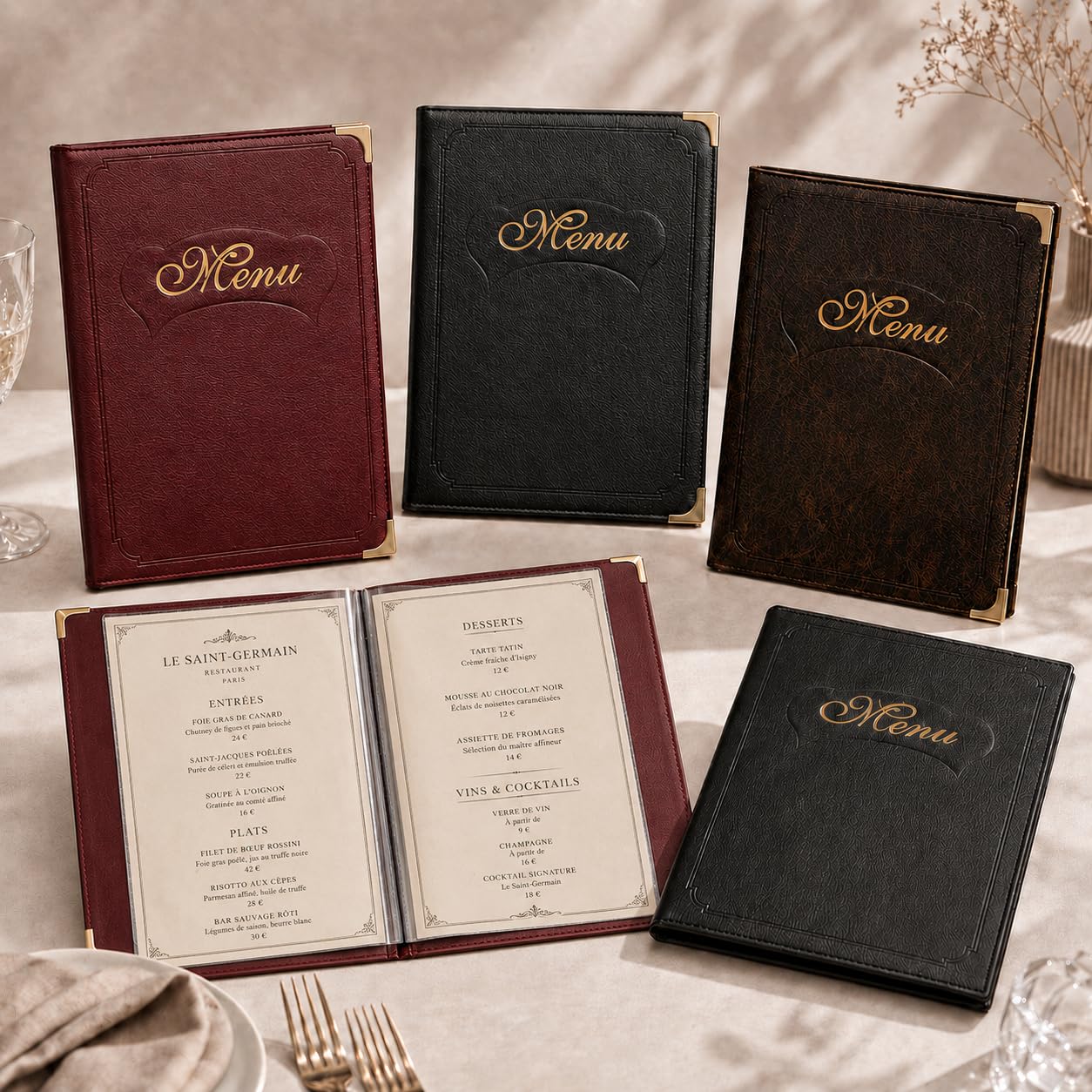 Lot de 2 Porte-Menus A4 – Simili Cuir Écologique – 14 Vues Ajustables – Noir – Livre de Menus Élégant et Durable pour Restaurants, Cafés, Bars, Hôtels