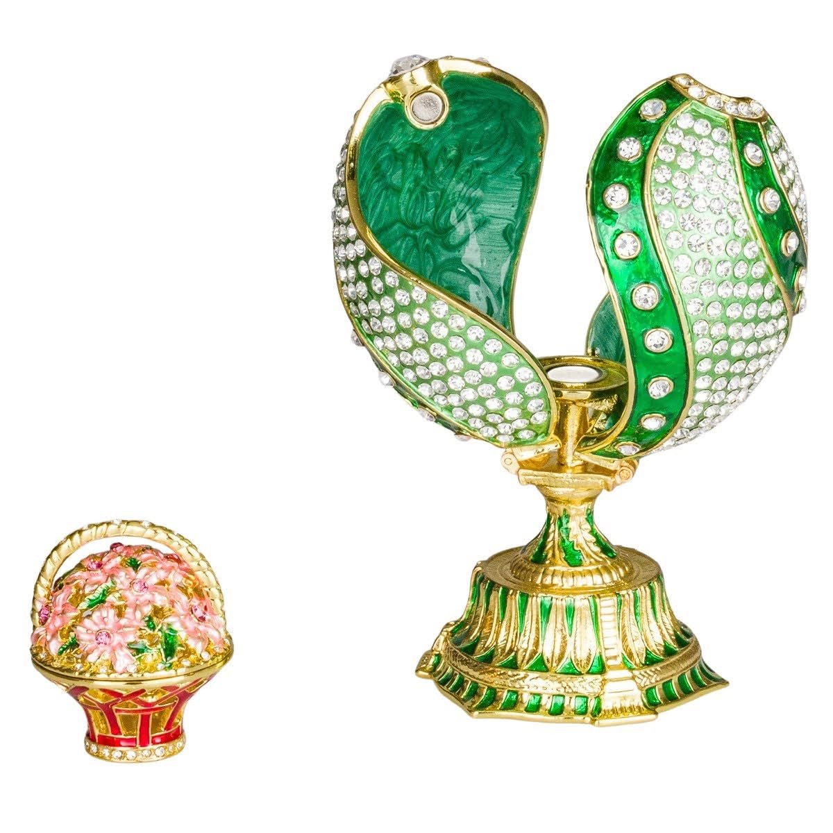 danila-souvenirs Huevo retorcido al estilo Fabergé con cesta de flores 12 cm verde