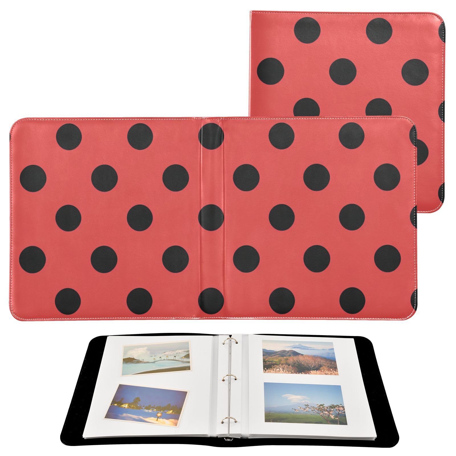 JIPONI Black Dots Ladybugs Large Photo Album, DIY Leather Cover Scrapbook Albums for 4x6 5x7 6x8 Pictures, Self Adhesive Memory Book for Wedding, Baby, Family