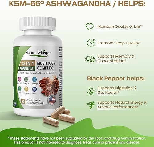 Miniatura 6 de Suplemento de hongo de melena de león 22 en 1 con Ashwagandha Pimienta negra para apoyo al bienestar, complejo de hongos con pavo, cola, reishi