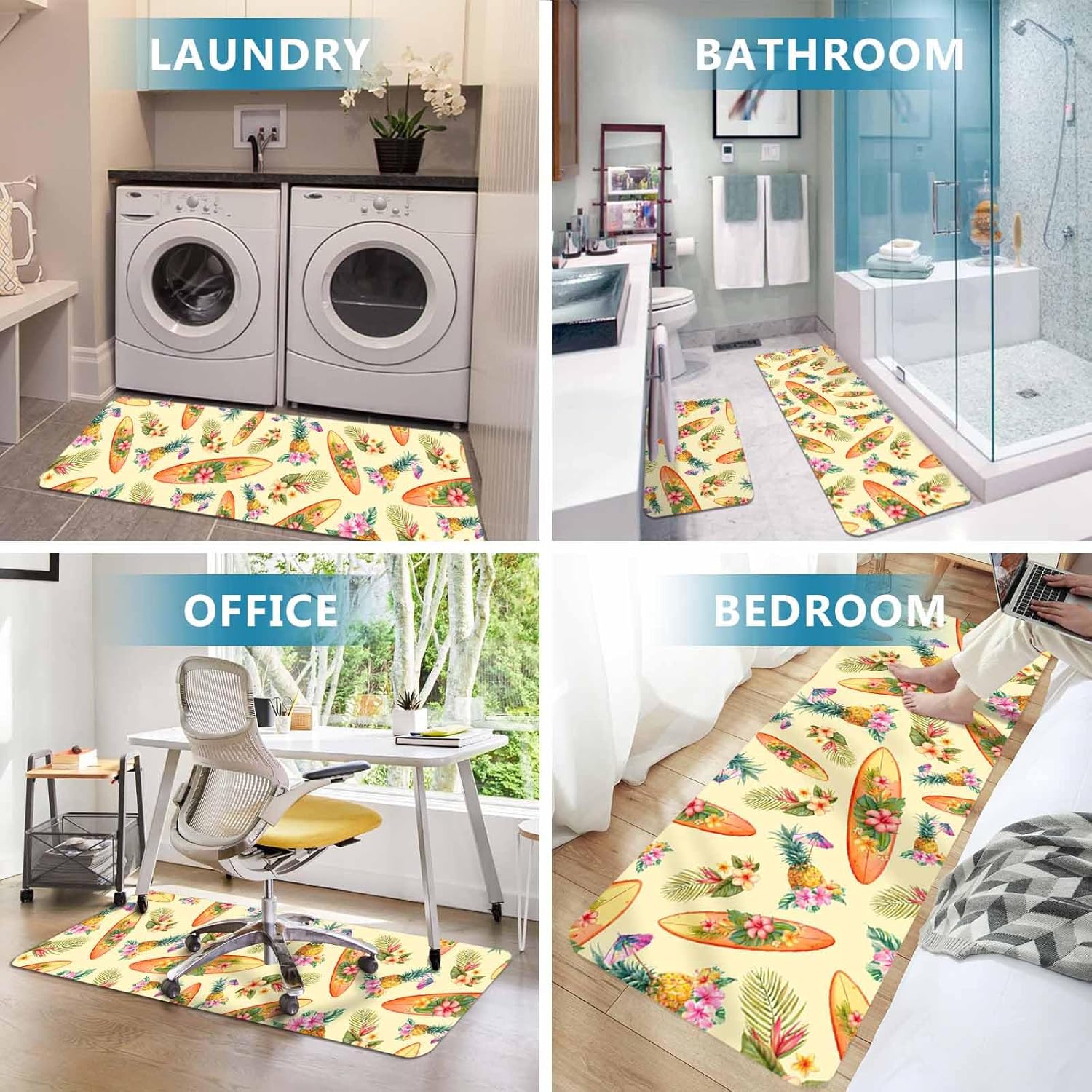 Prime Leader Tropical Plant Kitchen Mat Set 2 Pieces Pineapple Surfboard Pink Flowers Summer Yellow Non Slip Kitchen Rugs Washable Runner Rug Mats for Sink Laundry (19.7" x 31.5"+19.7" x 63")
