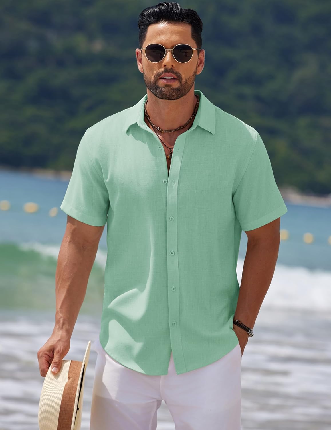 COOFANDY Men's Casual Summer Beach Shirt Short Sleeve Button Down Shirt Vacation Wedding Shirt Linen Textured Shirts - Image 2