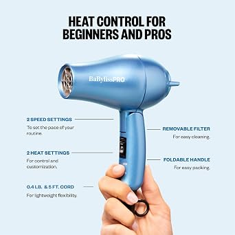 BaBylissPRO Nano Titanium Travel Hair Dryer, 1000 Watt Professional Blow Dryer with Concentrator Nozzle, Foldable Handle, Dual Voltage