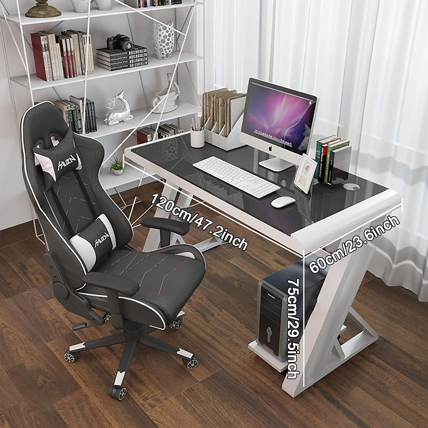 Ergonomic Gaming Table Desk Computer Desk Glass Top and Metal Frame Z Shaped E-Sports Gamer Desk Racing Style Home Office Writing Desk Gamer Workstation (Black 120x60x75cm(47x24x30inch)) image 2