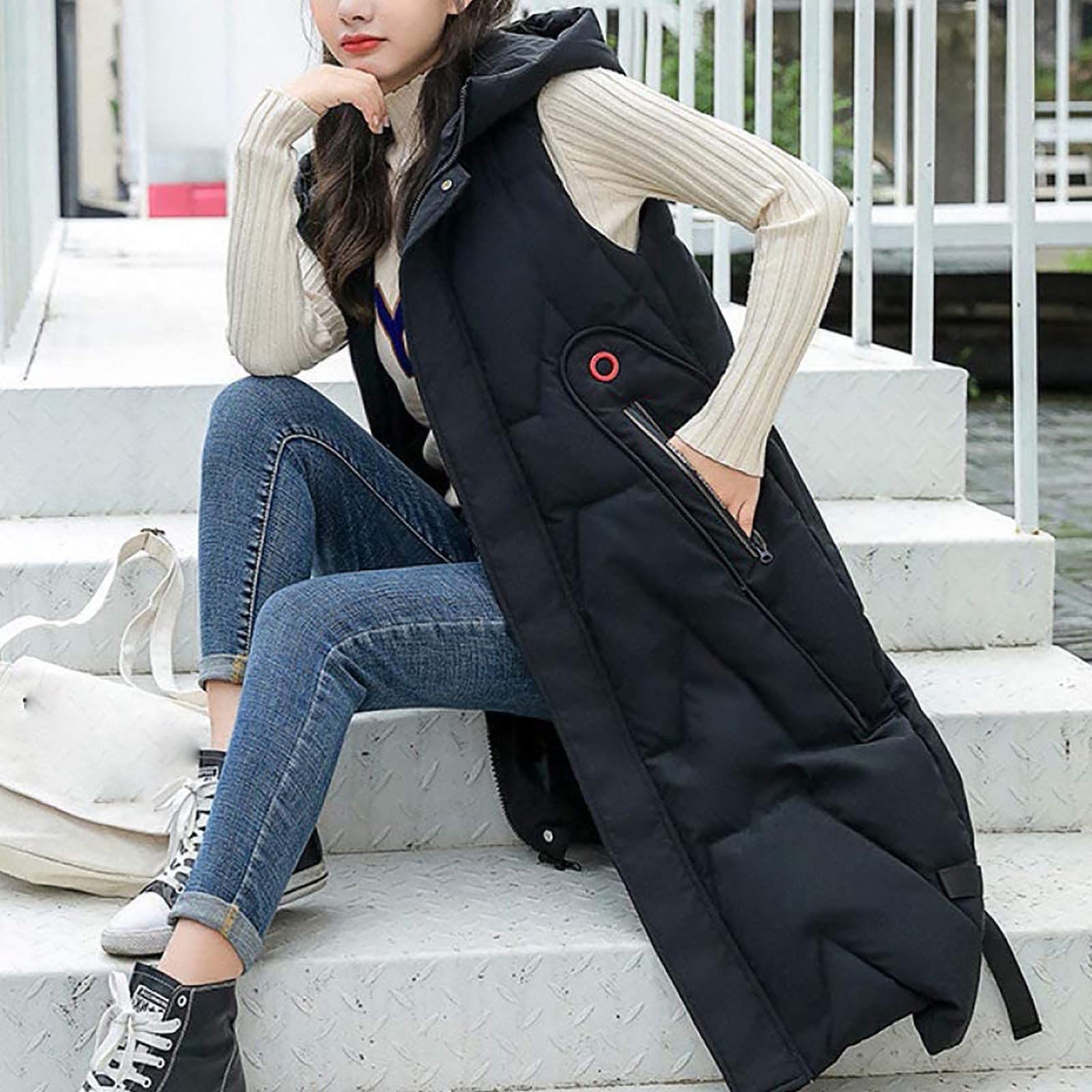 Chaleco de plumas para mujer, sin mangas, cálido, abrigo de plumón con capucha, bolsillos, chaleco acolchado largo y ligero, informal, abrigo de invierno, chaleco con capucha, chaqueta de montaña,